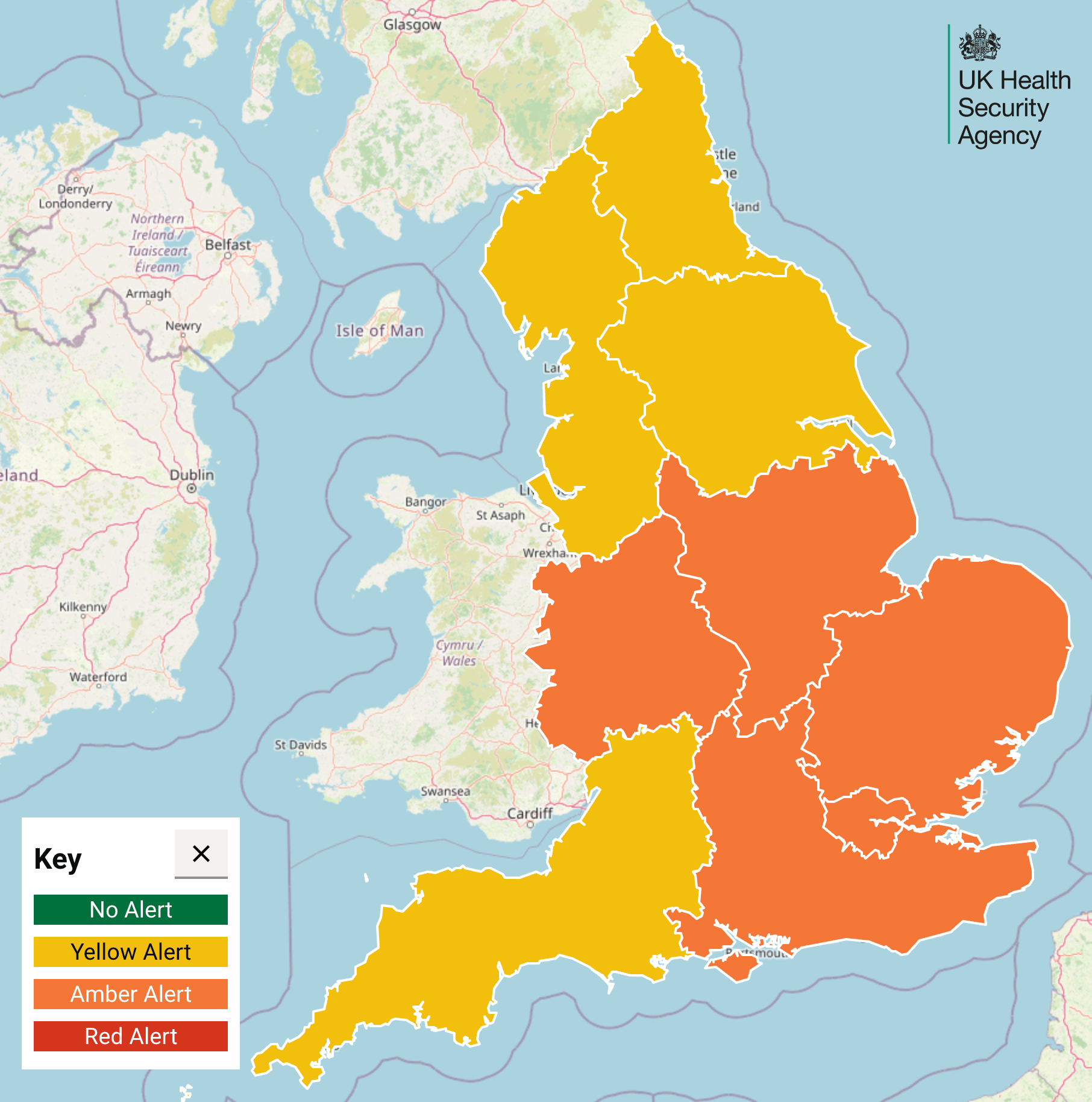 The UKHSA has put several yellow and amber heat health alerts in place across the entire of England