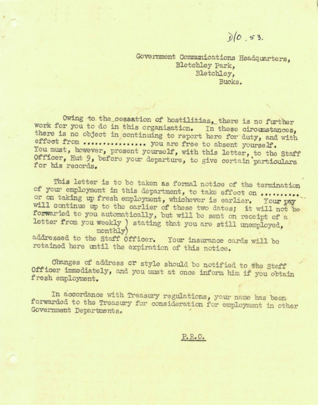 A letter to staff terminating their employment after VJ Day