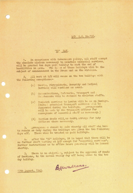 A letter to staff allowing them holiday to mark the end of hostilities ahead of VJ Day