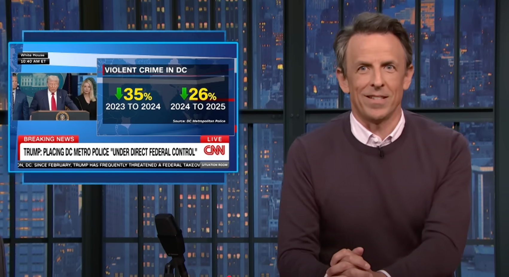 Seth Meyers has blasted President Trump for citing a string of false crime statistics during a press conference on Washington, D.C.