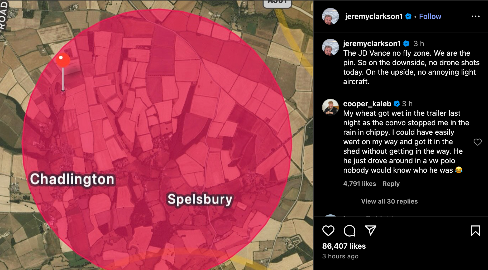 Jeremy Clarkson shares a photo of ‘the JD Vance no-fly zone’ on Instagram