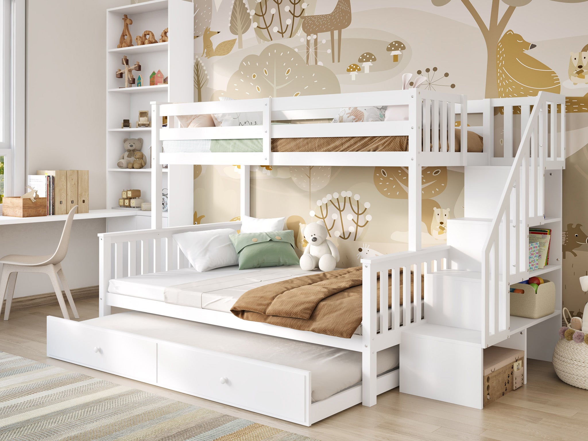 Flair tag triple staircase bunk bed with trundle