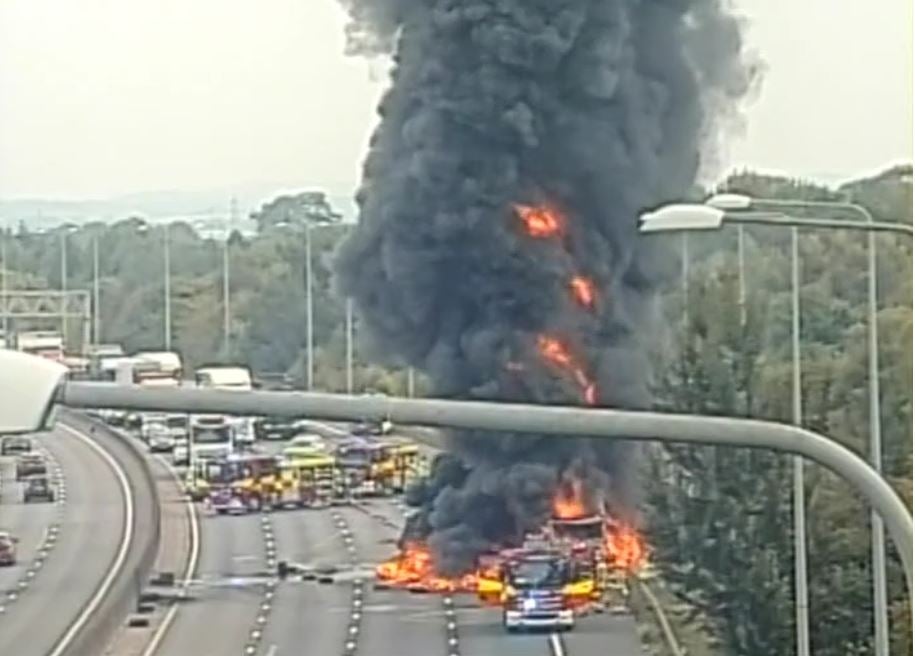 Towering flames and thick black smoke billowing into the air after the lorry caught fire on Wednesday