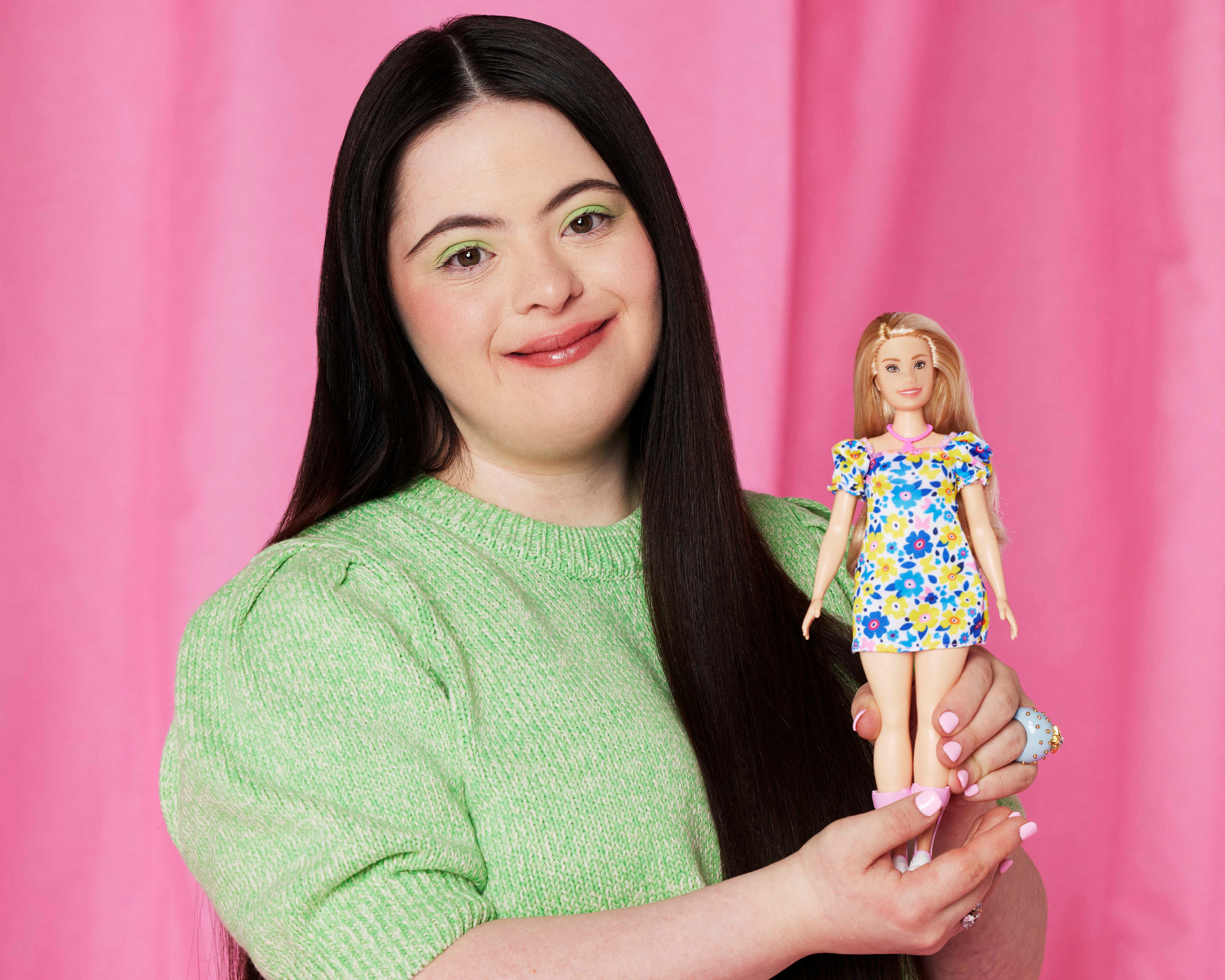 British model Ellie Goldstein poses with Barbie's first doll with Down syndrome in 2023