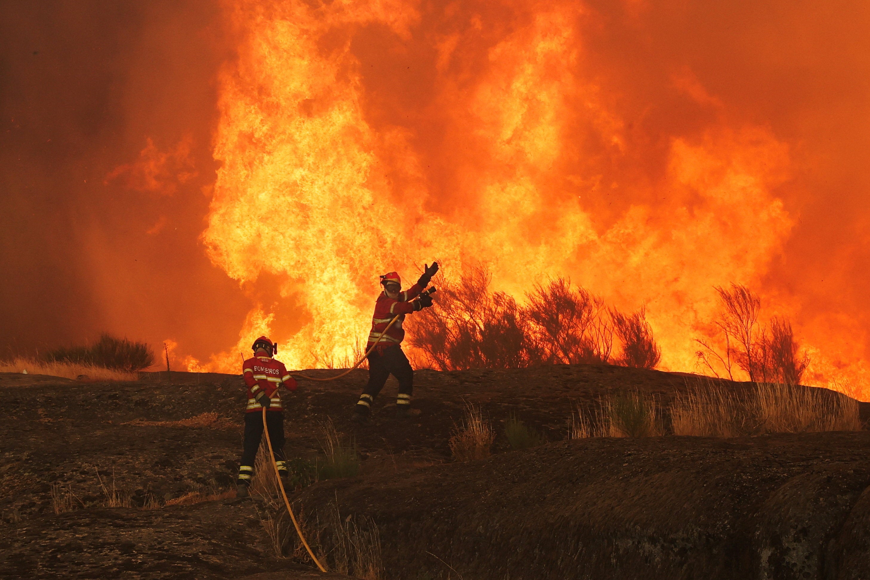 <p>Firefighters work to extinguish a wildfire approaching Trancoso, Portugal</p>