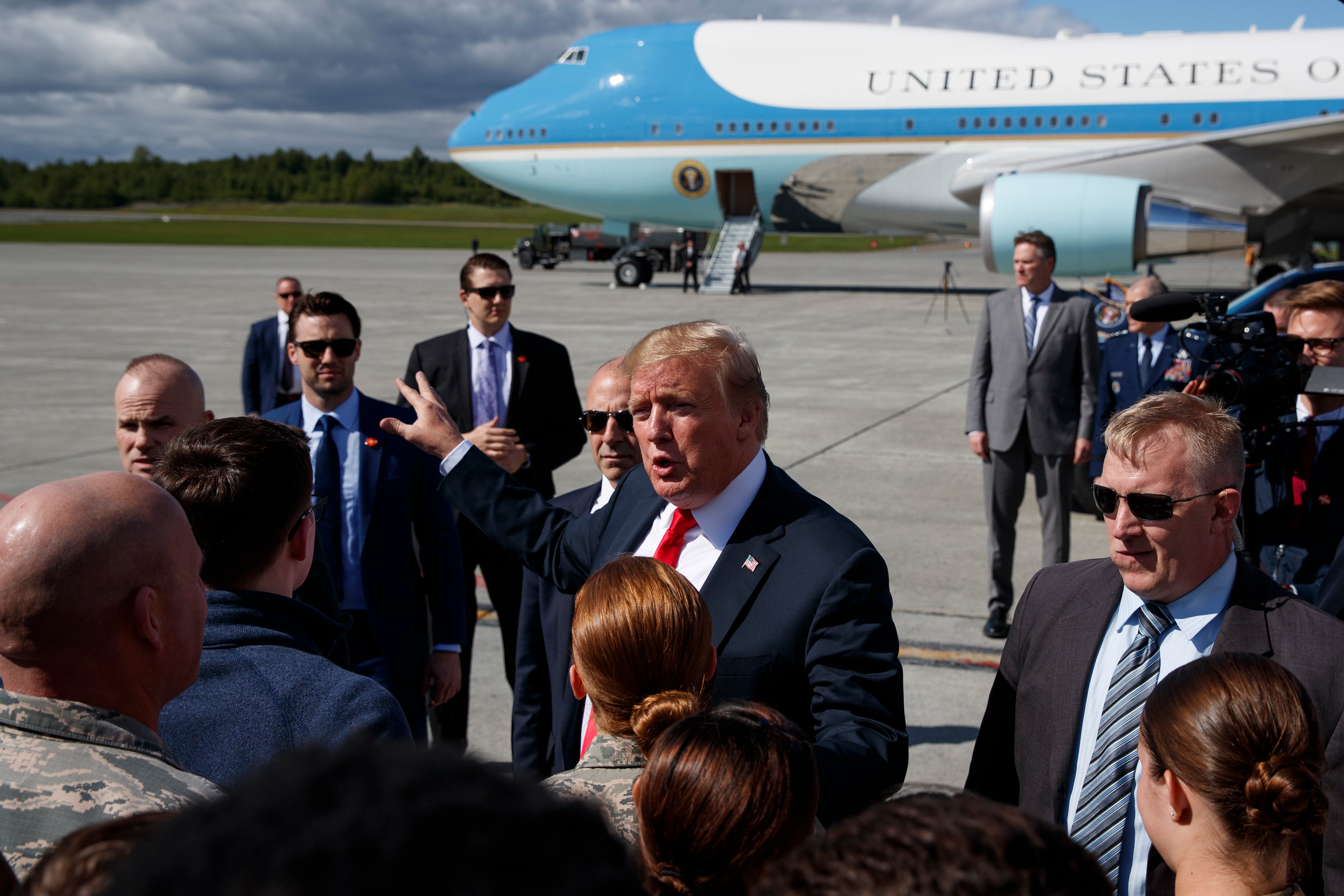 Donald Trump at Joint Base Elmendorf-Richardson during a refuelling stop in May 2019