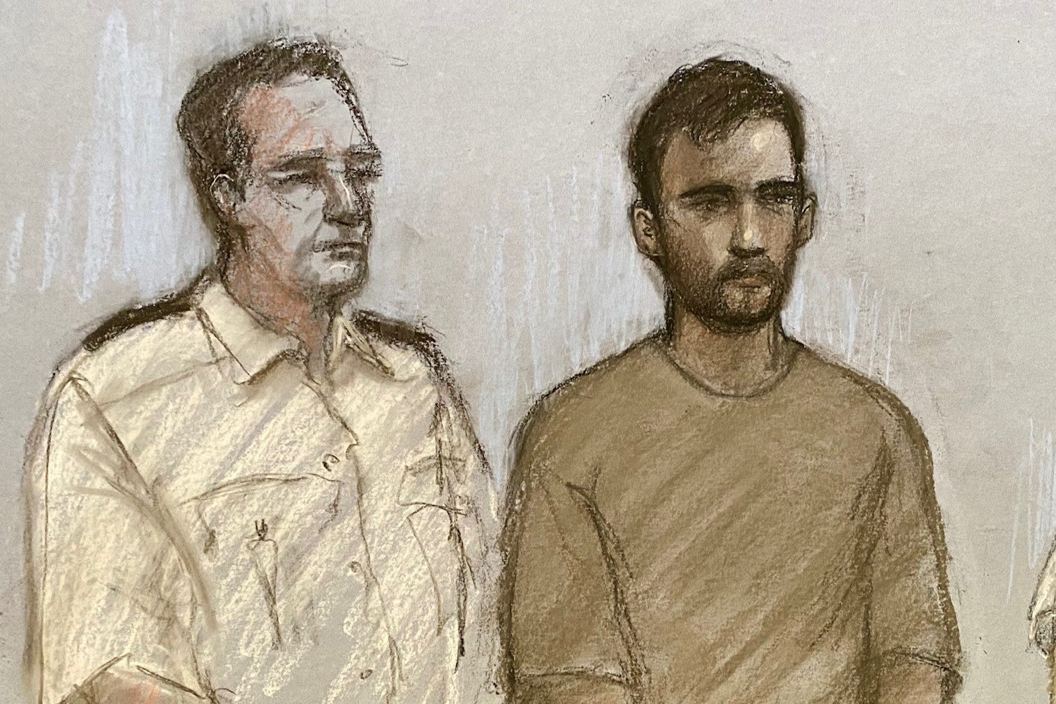Court artist sketch of Mohammed Sharwarq (right) appearing at Chelmsford Magistrates’ Court (Elizabeth Cook/PA)