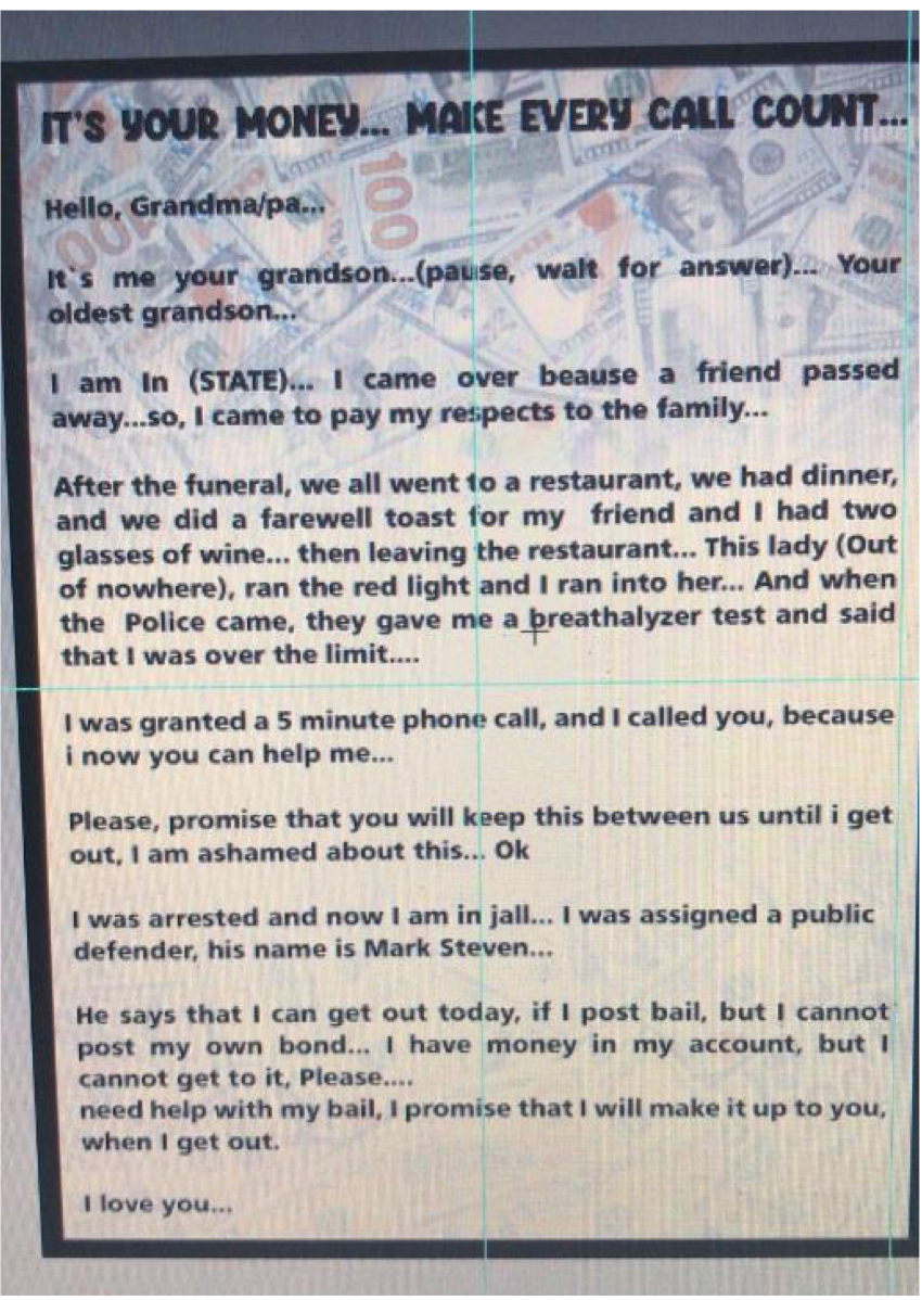 A script that the callers would use to trick grandparents into sending over cash, prosecutors allege