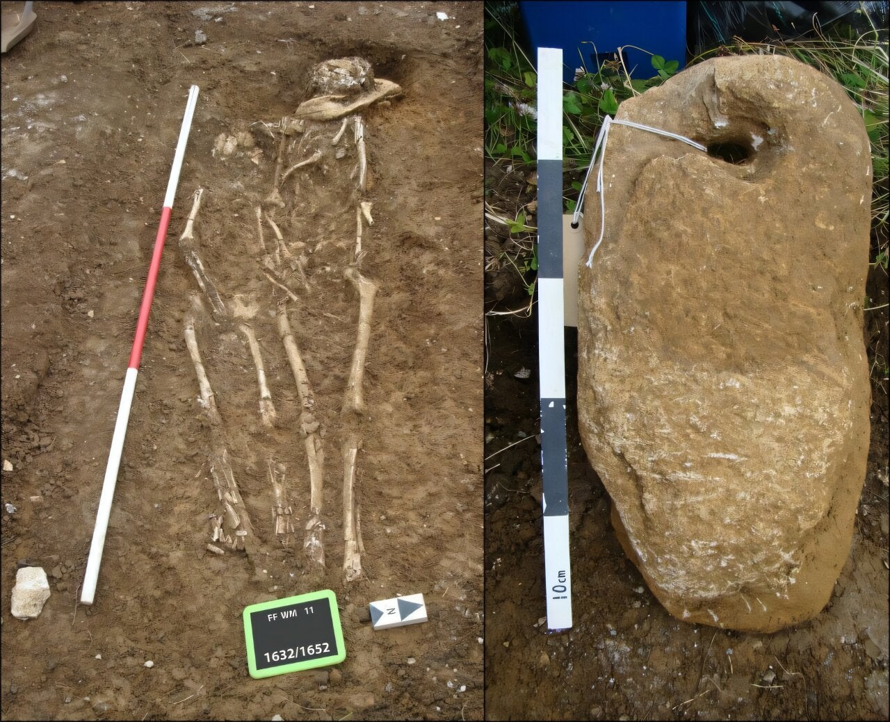 Human skeletal remains in a double burial at the Worth Matravers cemetery, along with the anchor stone found underneath the older individual’s head