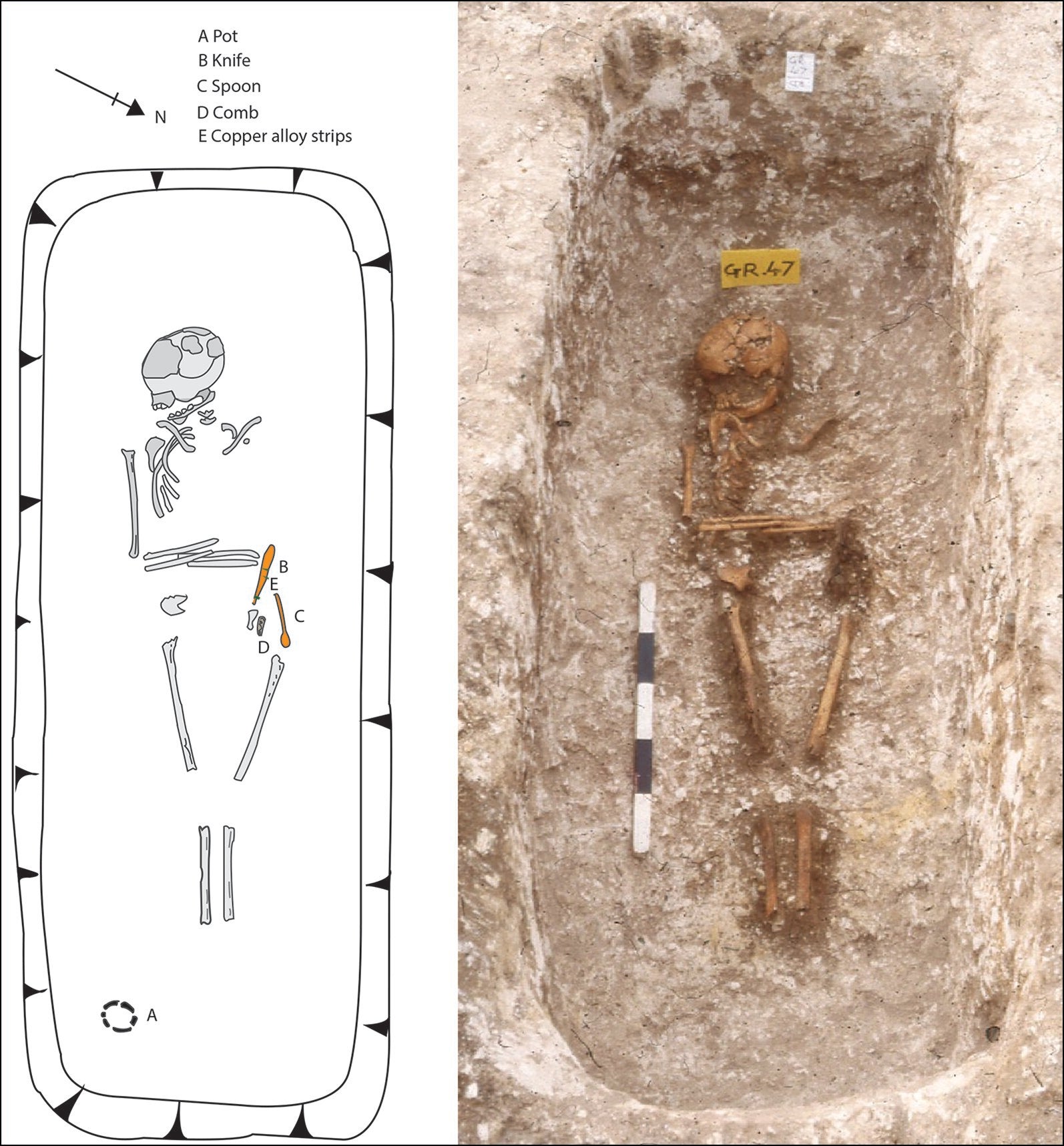 Grave 47 at Updown: photograph and adjacent grave plan show the positioning of the body and grave goods