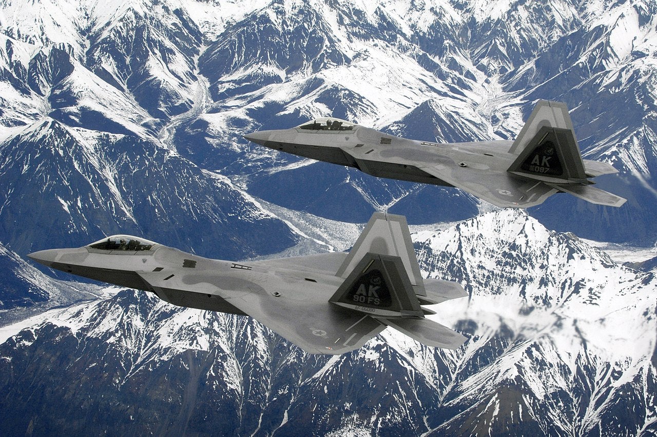 F-22 Raptors fly a training mission near Elmendorf Air Force Base
