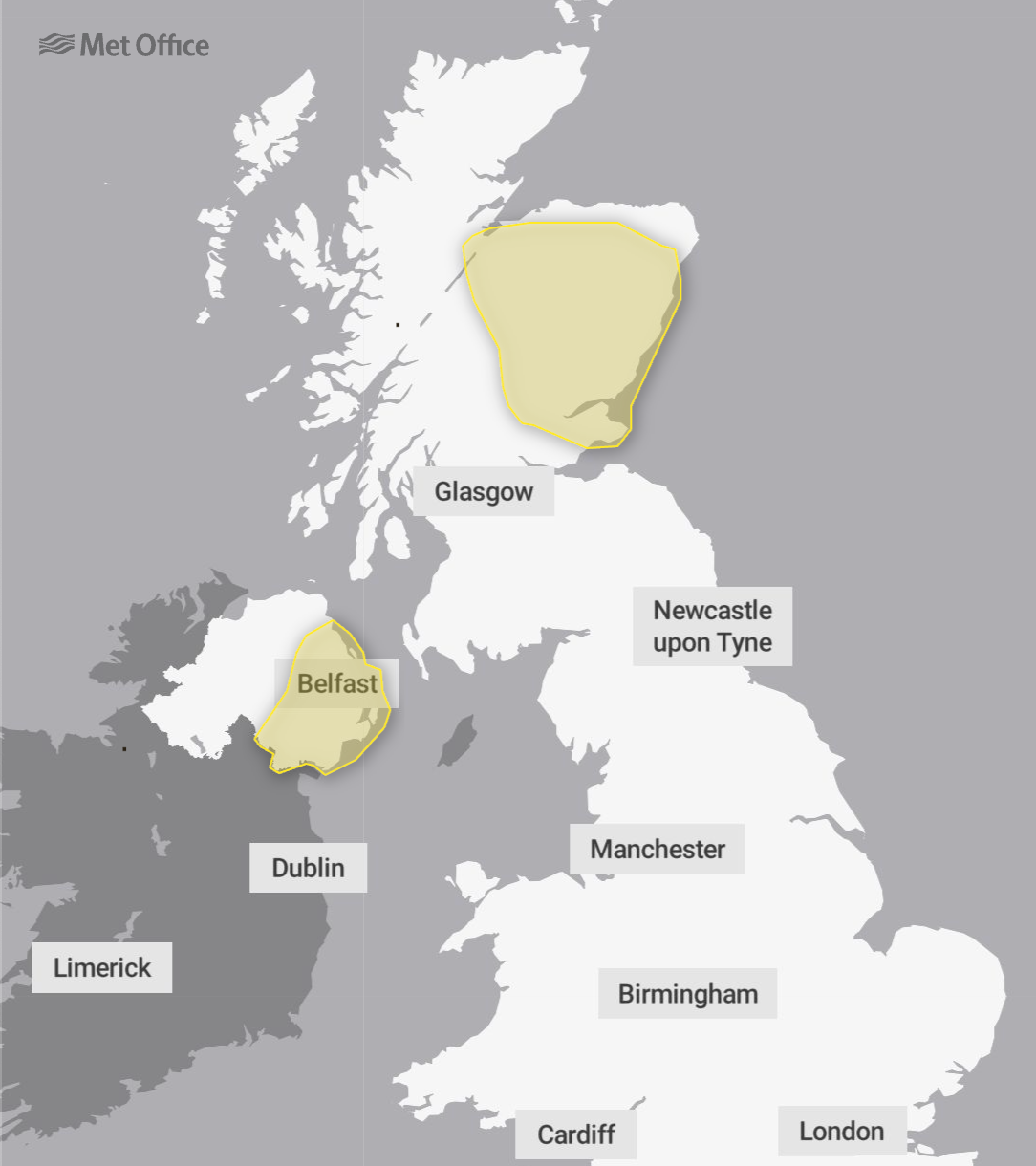A yellow weather warning for thunderstorms is in place for parts of Scotland and Northern Ireland on Thursday, both lasting until 10pm