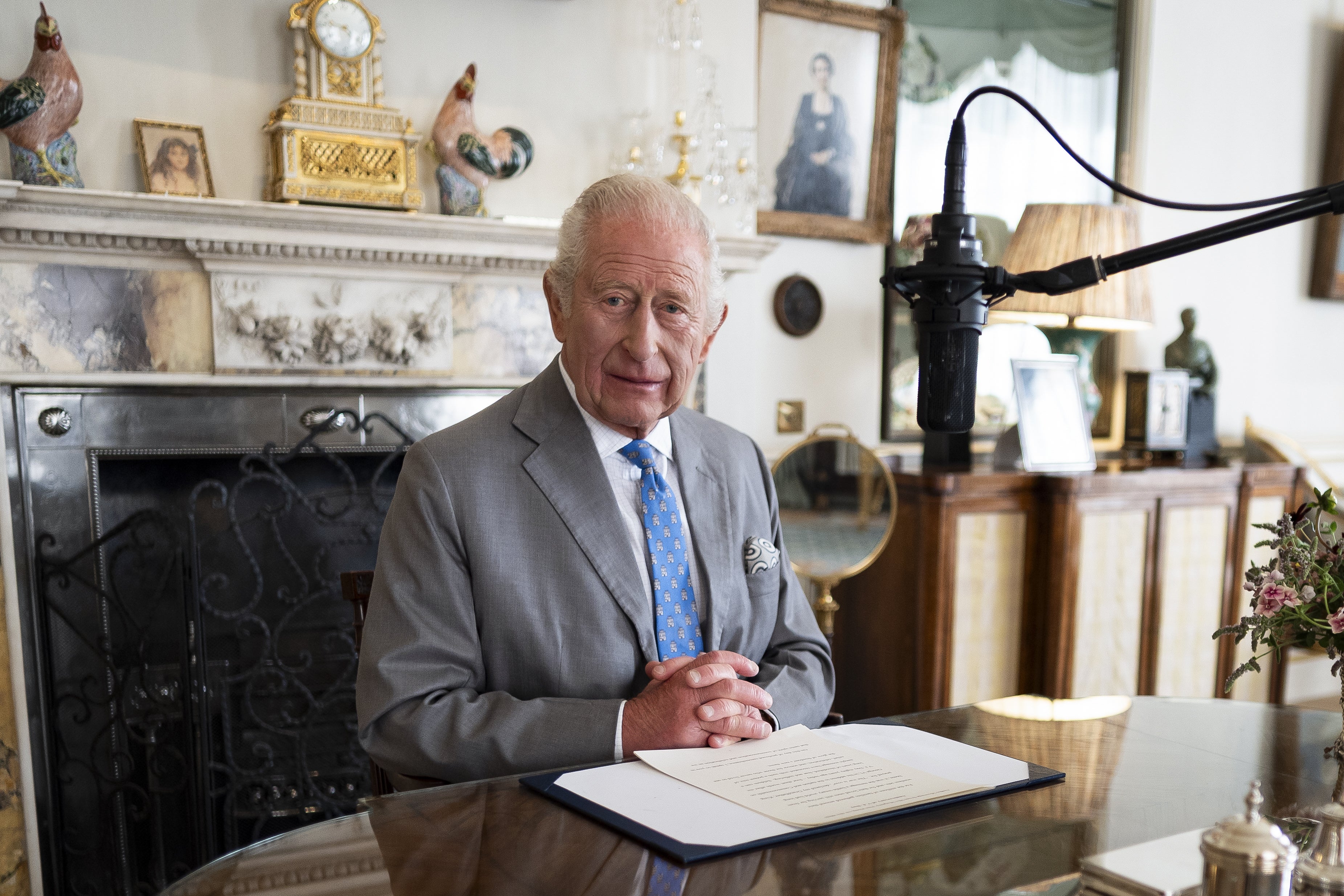 The King recording his message to mark the 80th anniversary of VJ Day