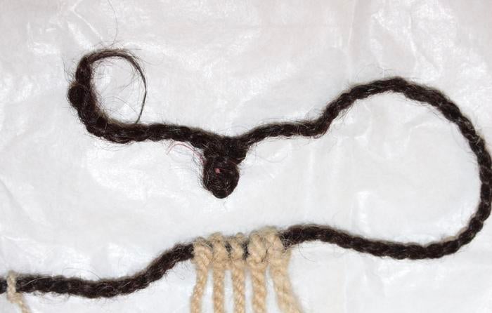 Dark brown human hair primary cord on Inka khipu
