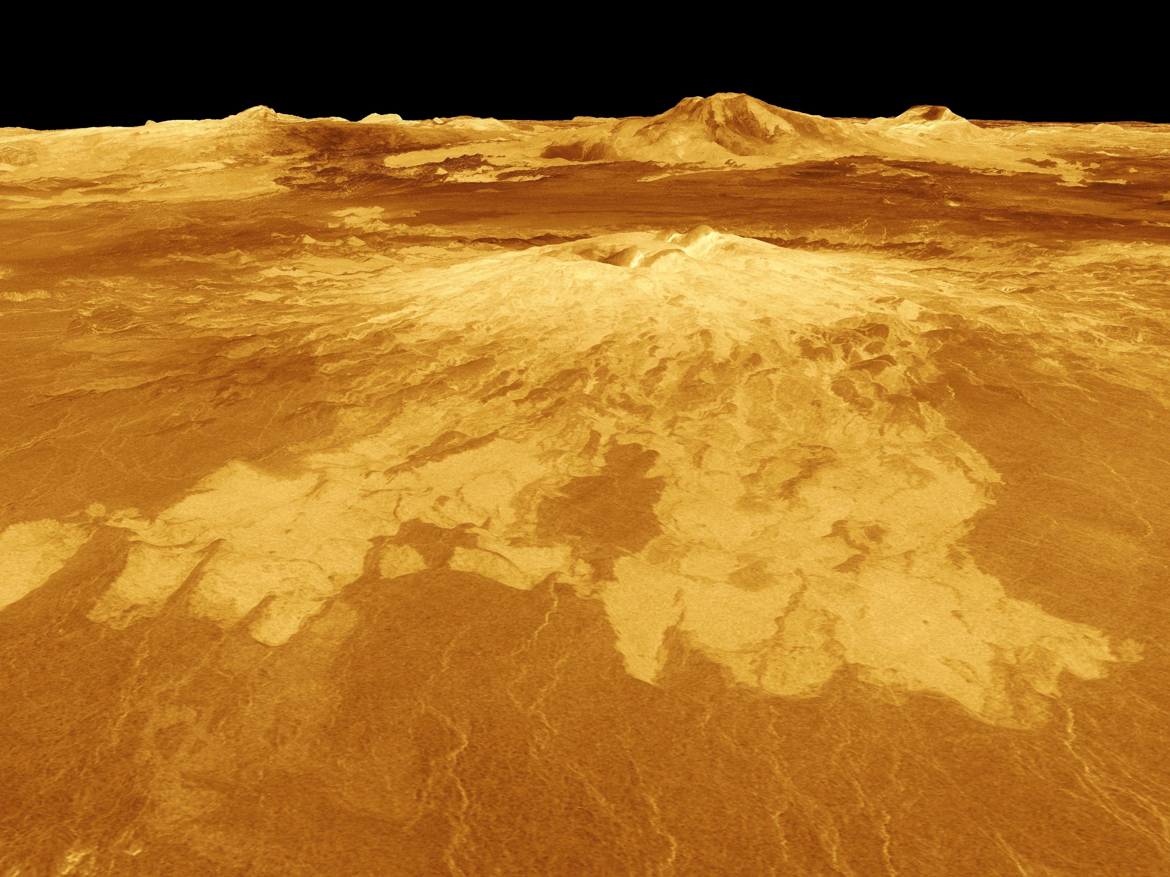 Computer-generated three-dimensional perspective view of the surface of Venus