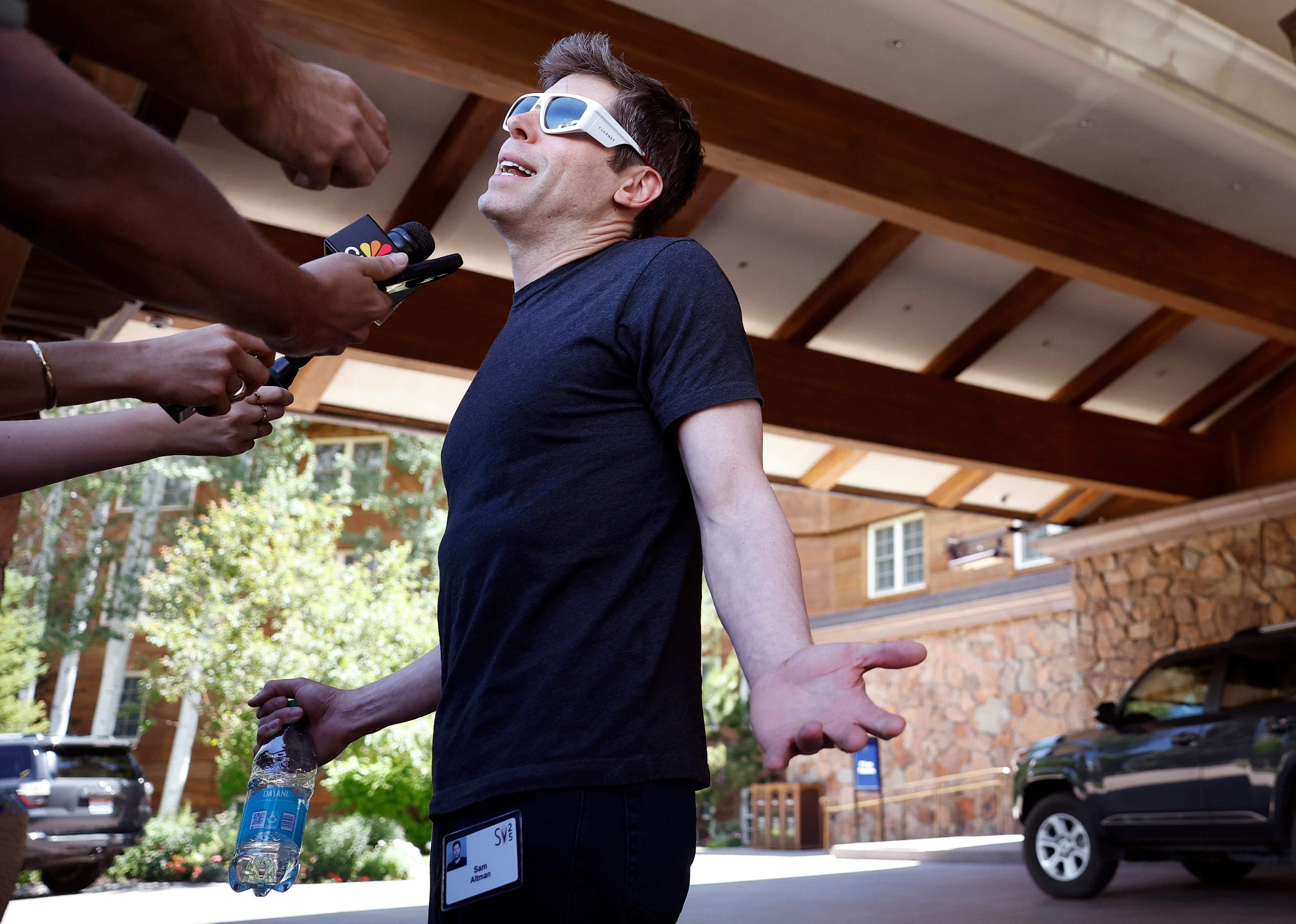 OpenAI CEO Sam Altman speaks to the media as he arrives at the Sun Valley Conference on July 8, 2025 in Idaho