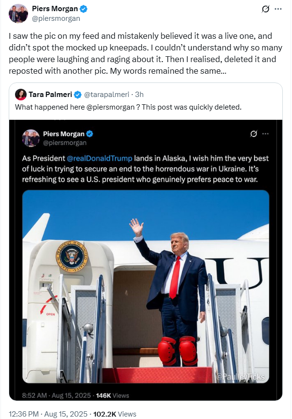 Piers Morgan acknowledged that he mistakenly posted a picture of Donald Trump wearing kneepads.