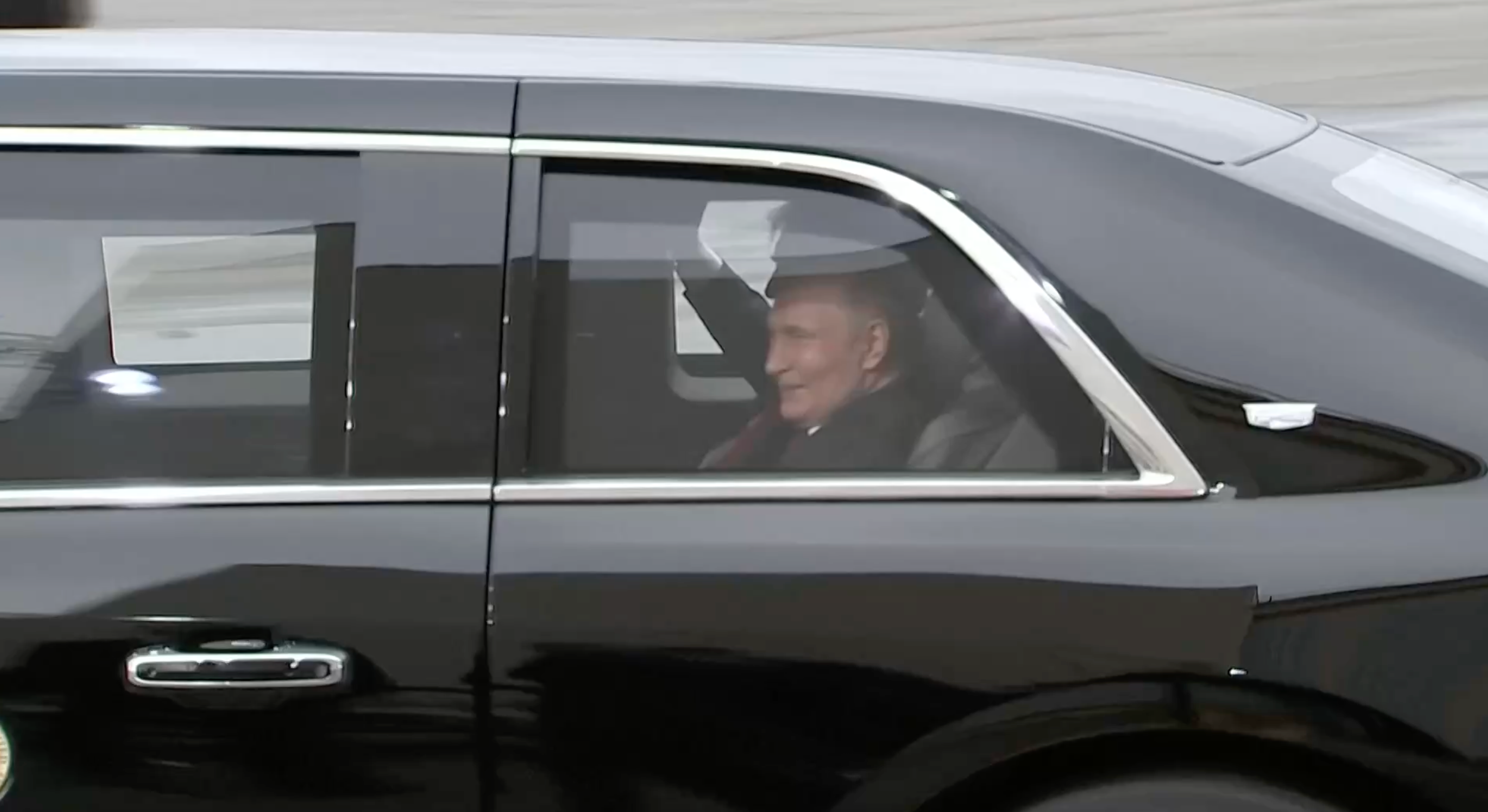 The pair depart from the airport in Trump’s heavily armoured presidential car nicknamed The Beast