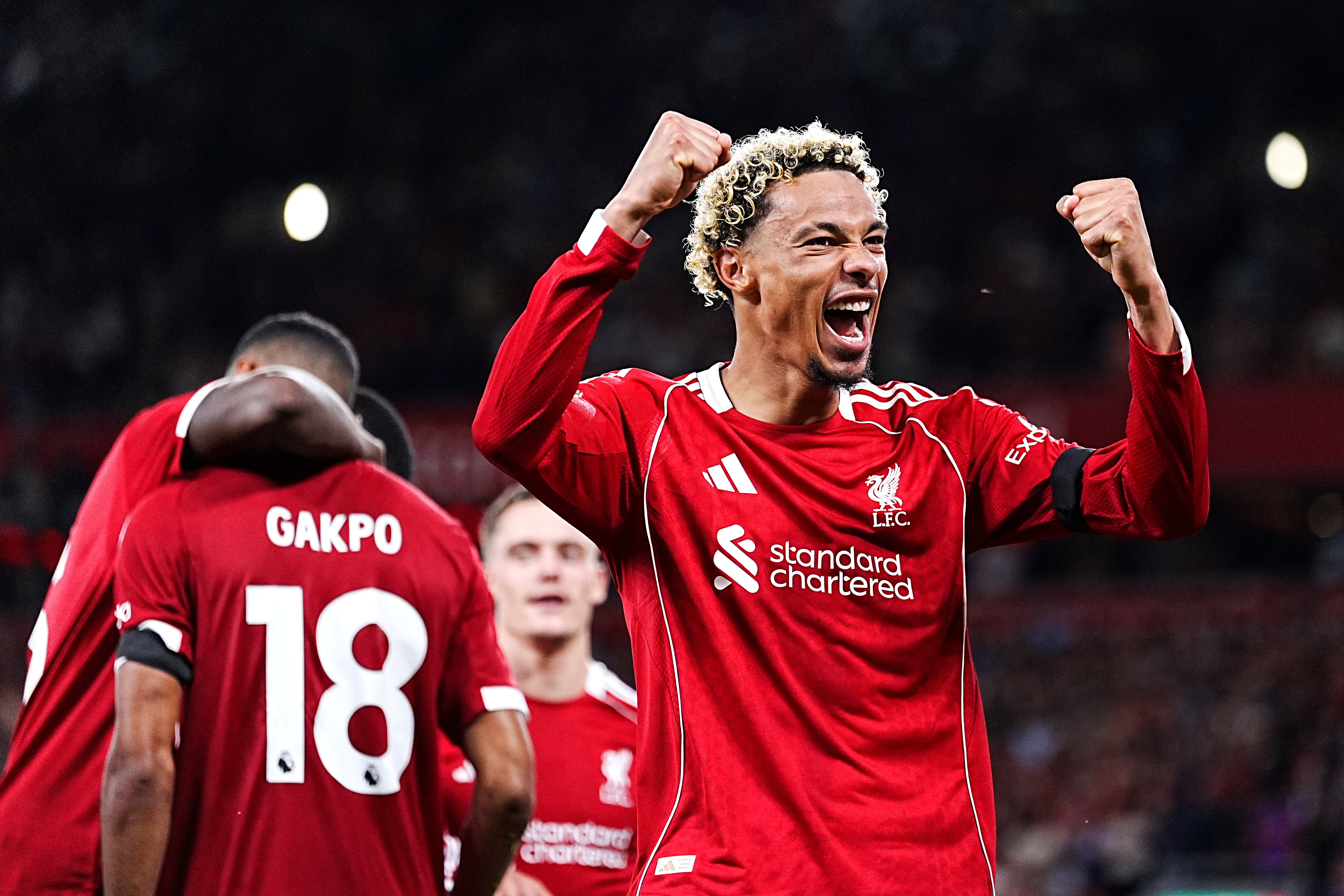 Hugo Ekitike celebrates after setting up Liverpool's second goal