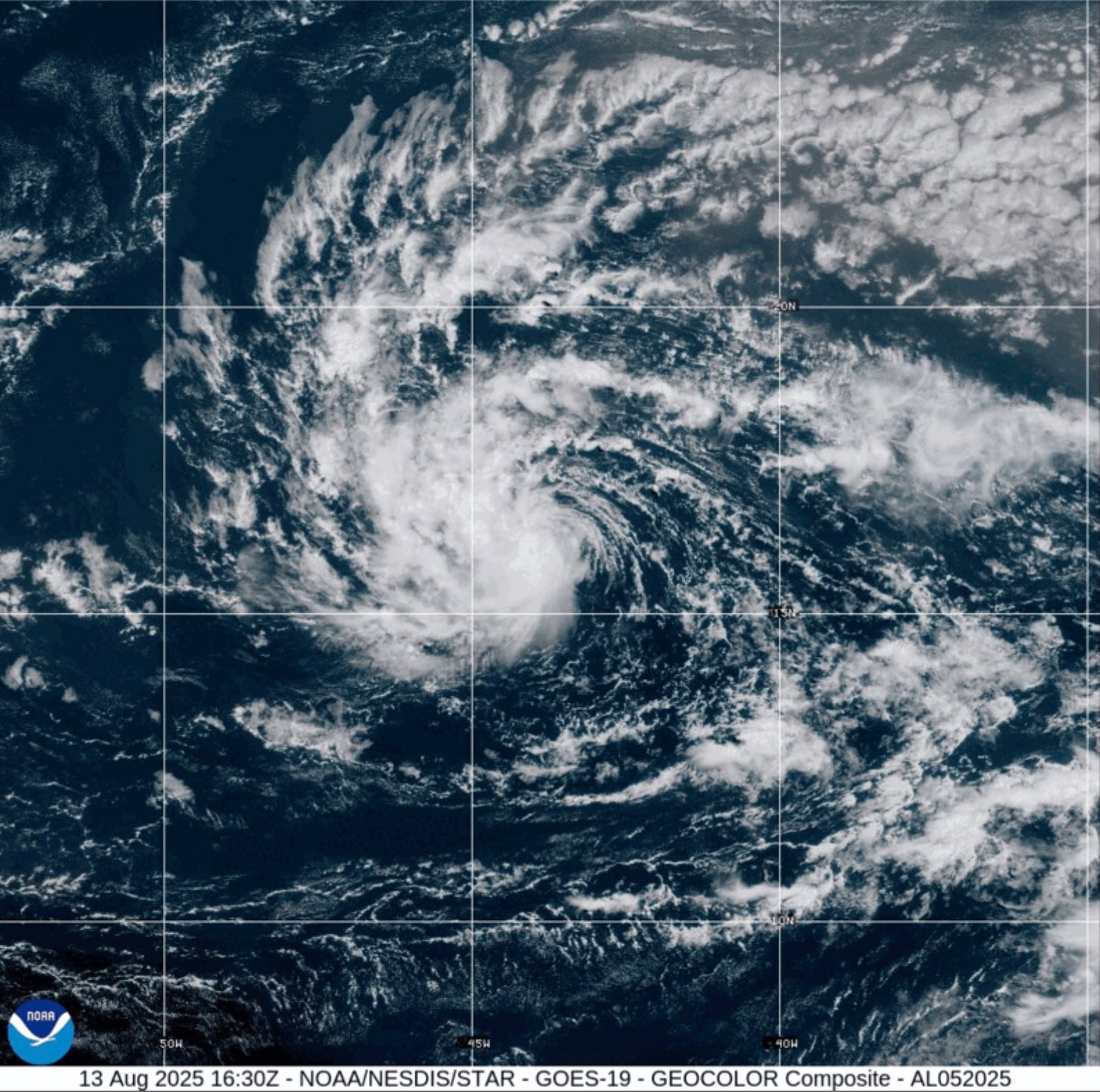 An image from National Oceanic and Atmospheric Administration shows Tropical Storm Erin, which is predicted to become this season’s first hurricane