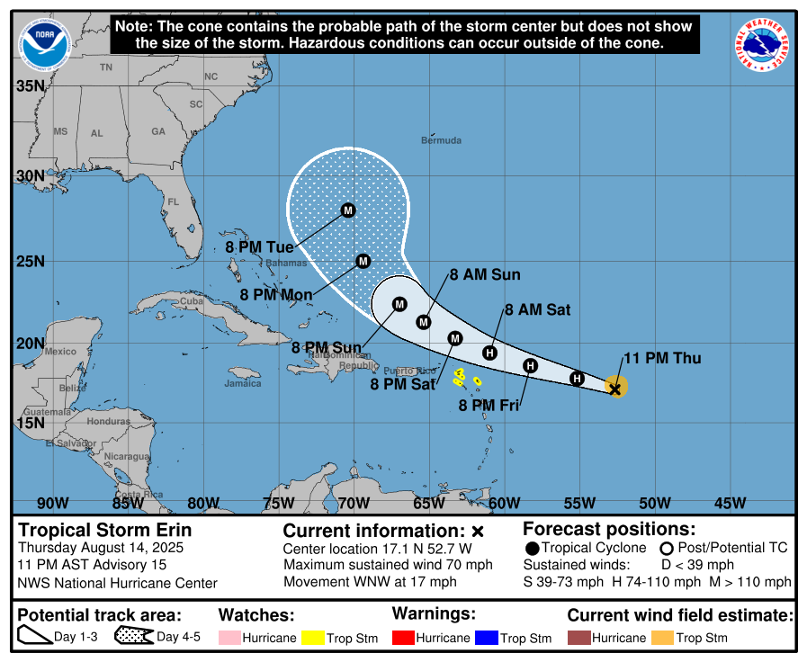 The predicted path of Tropical Storm Erin, which is forecast to become a 'formidable' hurricane by Friday