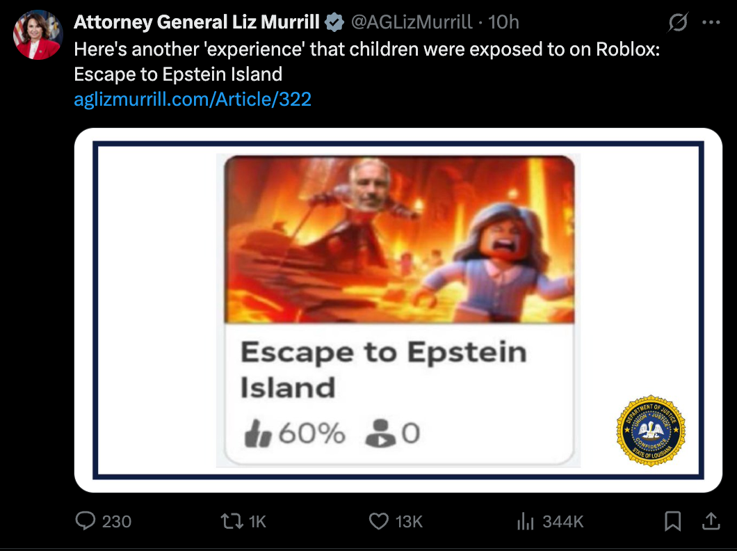 Louisiana Attorney General Liz Murrill shared a screenshot from her suit of an in-game experience called 'Escape to Epstein Island'