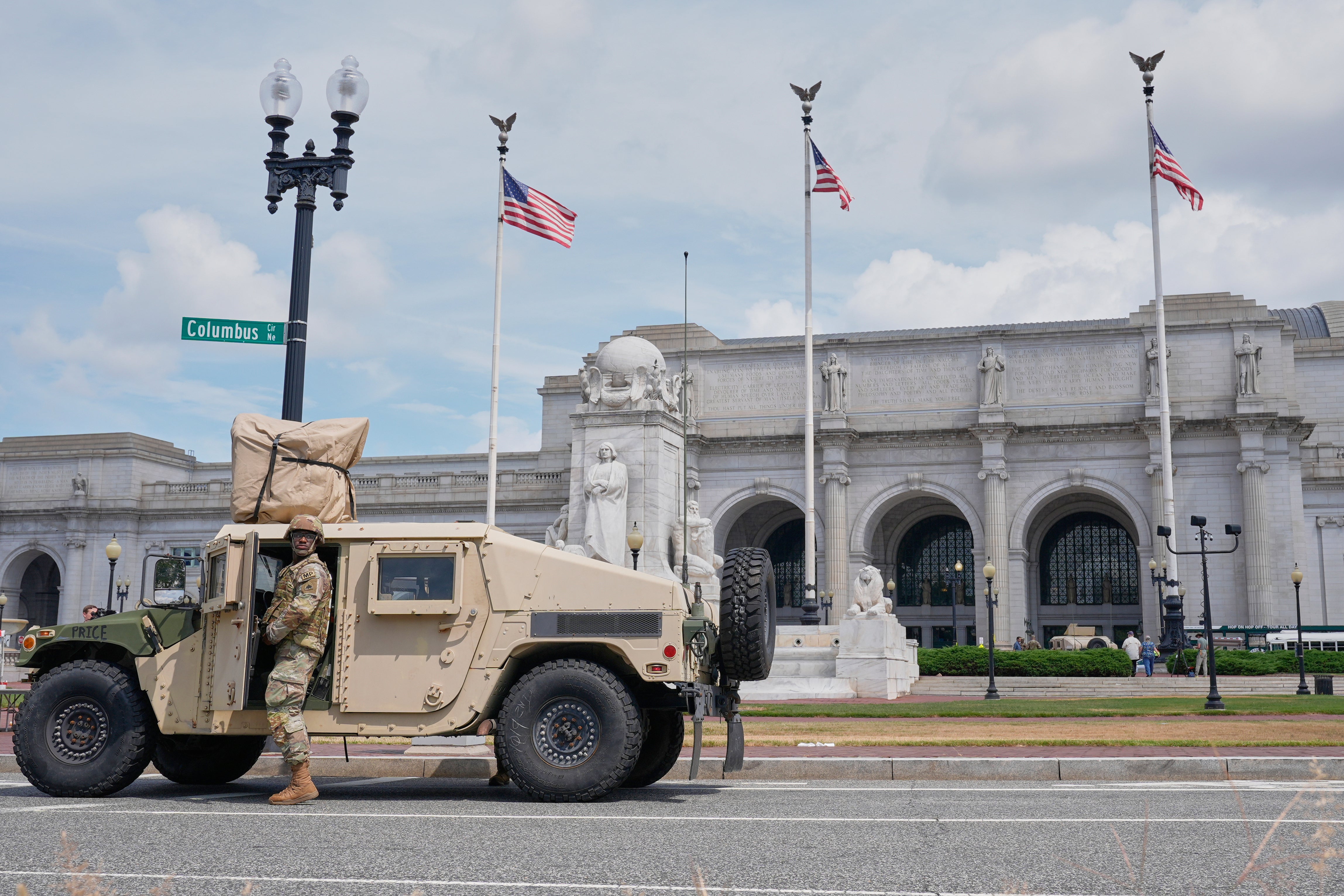 A member of the National Guard keeps watch outside Washington, D.C.’s Union Station. President Donald Trump mobilized about 800 National Guard troops, and West Virginia is sending up to 400 more