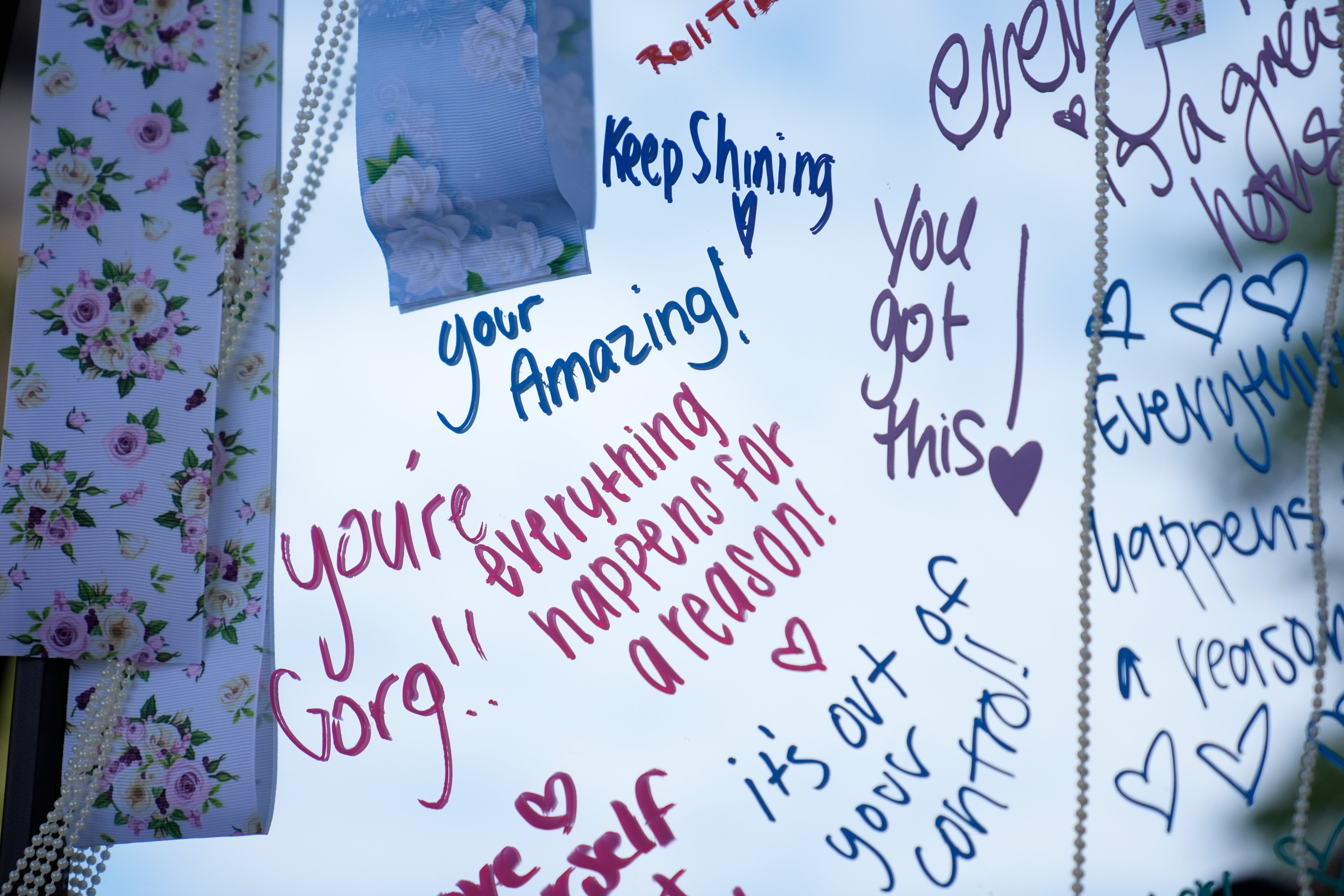 Words of affirmation are written on a mirror during rush week at the University of Alabama, Thursday, Aug. 14, 2025, in Tuscaloosa, Ala