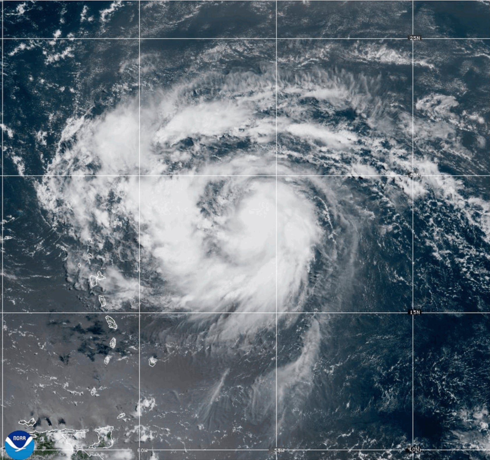 This satellite image provided by NOAA shows Hurricane Erin on Friday, Aug. 15, 2025. Hurricane Erin is expected to turn north and avoid a North American landfall, though it will bring dangerous surf conditions to virtually the entire U.S. East Coast during its journey north