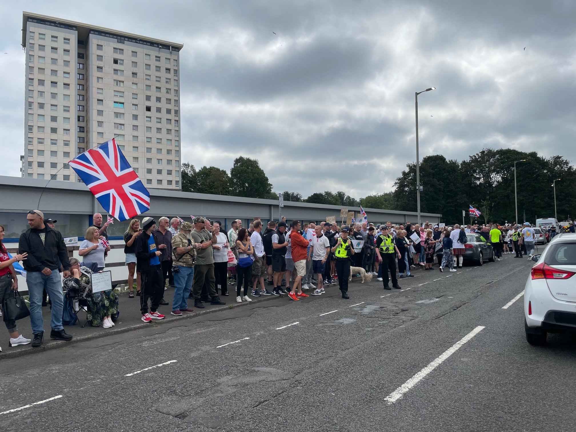 Some demonstrators waved union flags