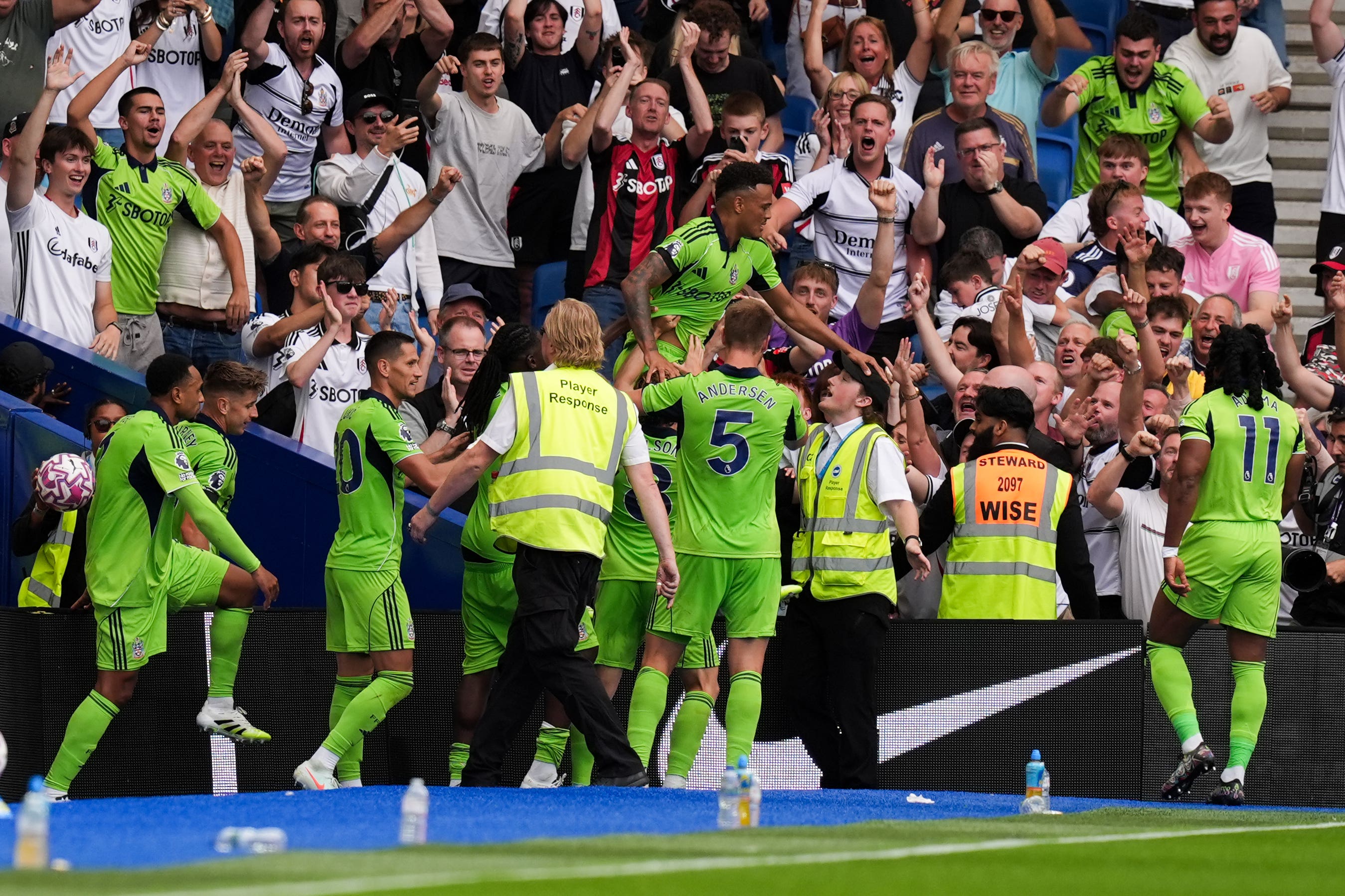 Rodrigo Muniz celebrates in front of the Fulham fans (Gareth Fuller/PA).