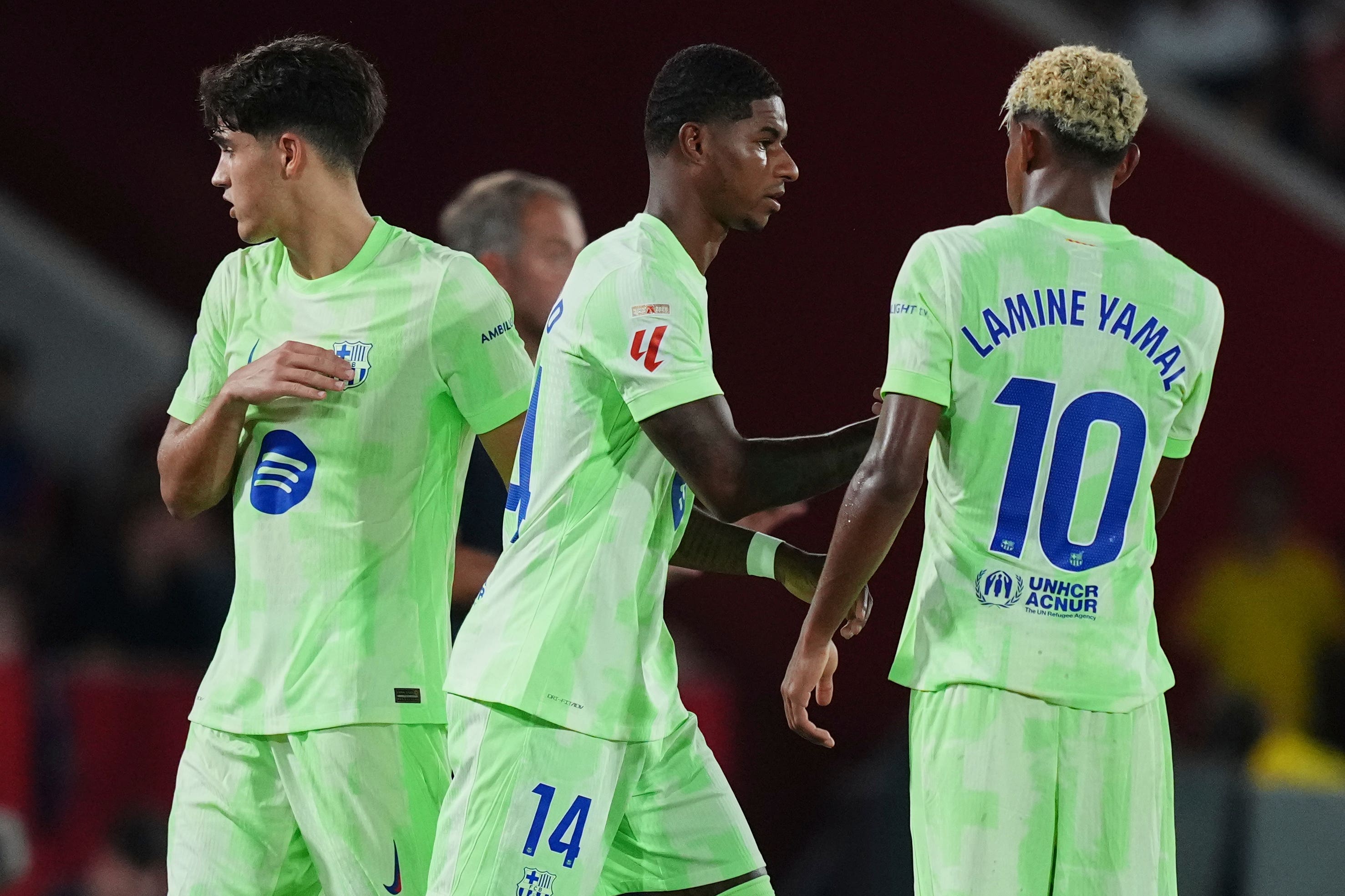 Marcus Rashford, centre, made his debut for Barcelona off the bench against Mallorca (Joan Mateu Parra/AP)