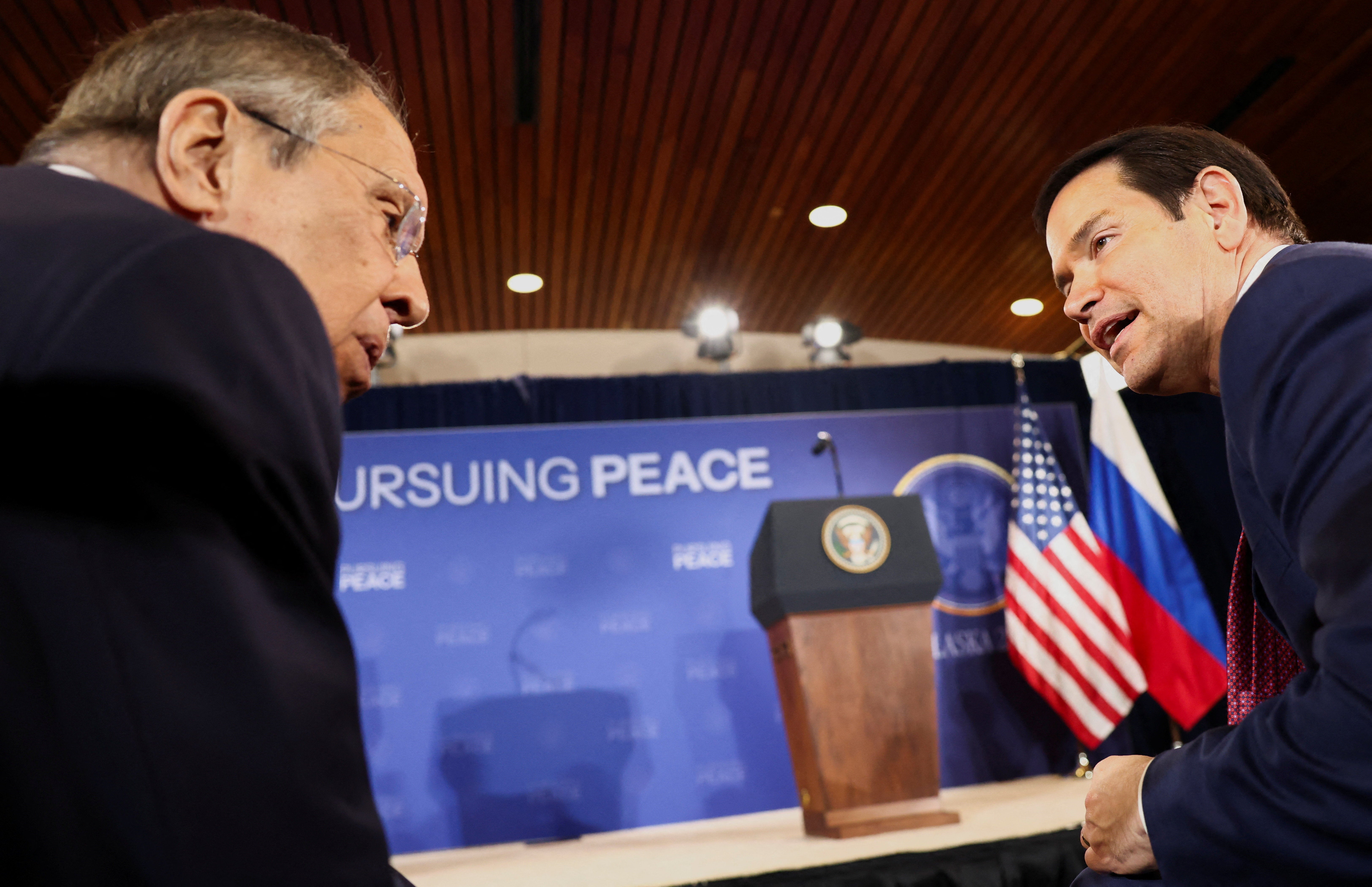 Russian Foreign Minister Sergei Lavrov and U.S. Secretary of State Marco Rubio talk as they attend a press conference held by U.S. President Donald Trump and Russian President Vladimir Putin last week
