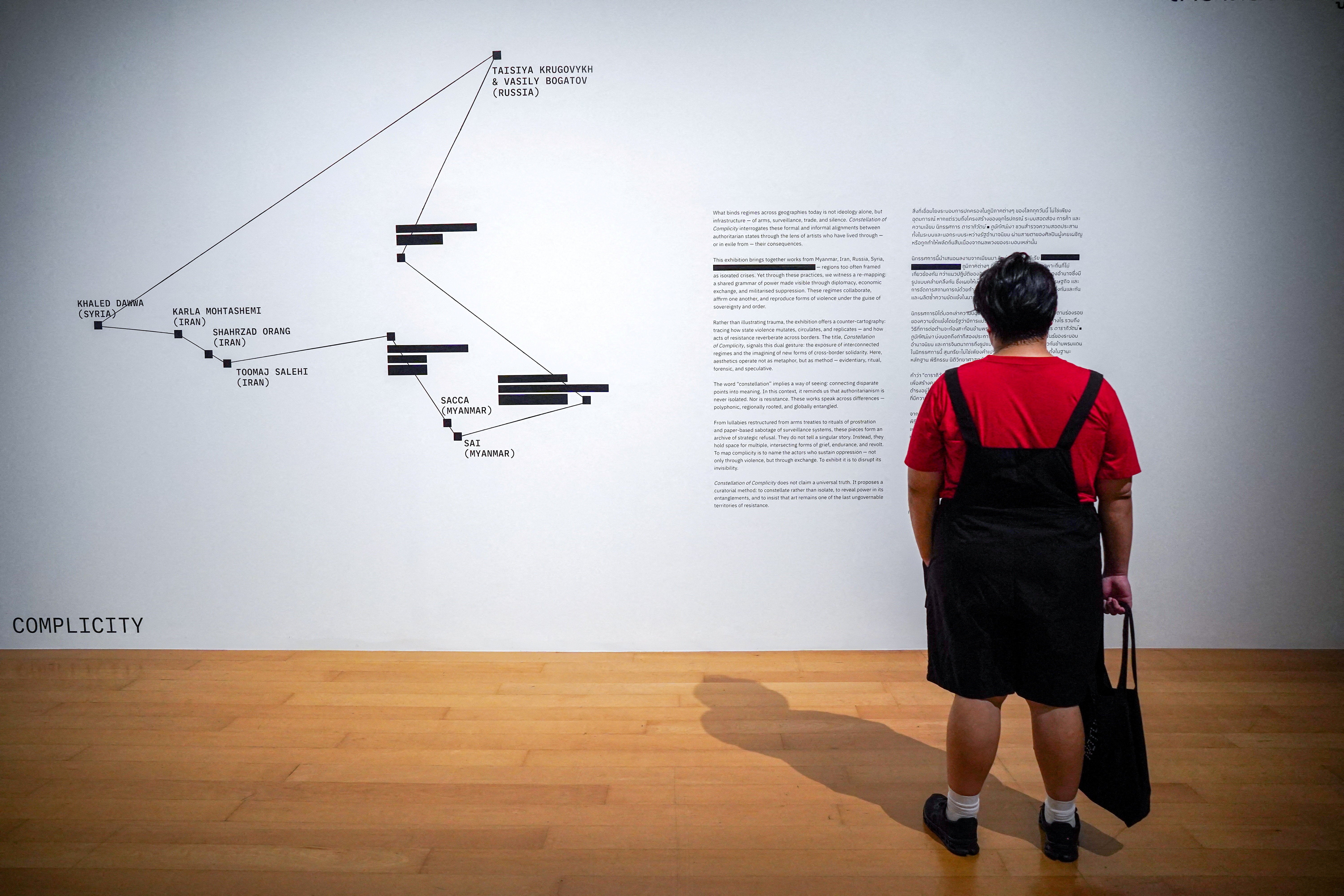 Artists’ names are seen blacked out at the exhibition titled ‘Constellation of Complicity: Visualising the Global Machinery of Authoritarian Solidarity’ in Bangkok, Thailand, this month