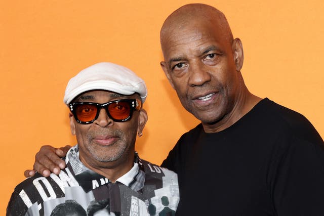 <p>Spike Lee and Denzel Washington at the LA premiere of ‘Highest 2 Lowest’ this month</p>
