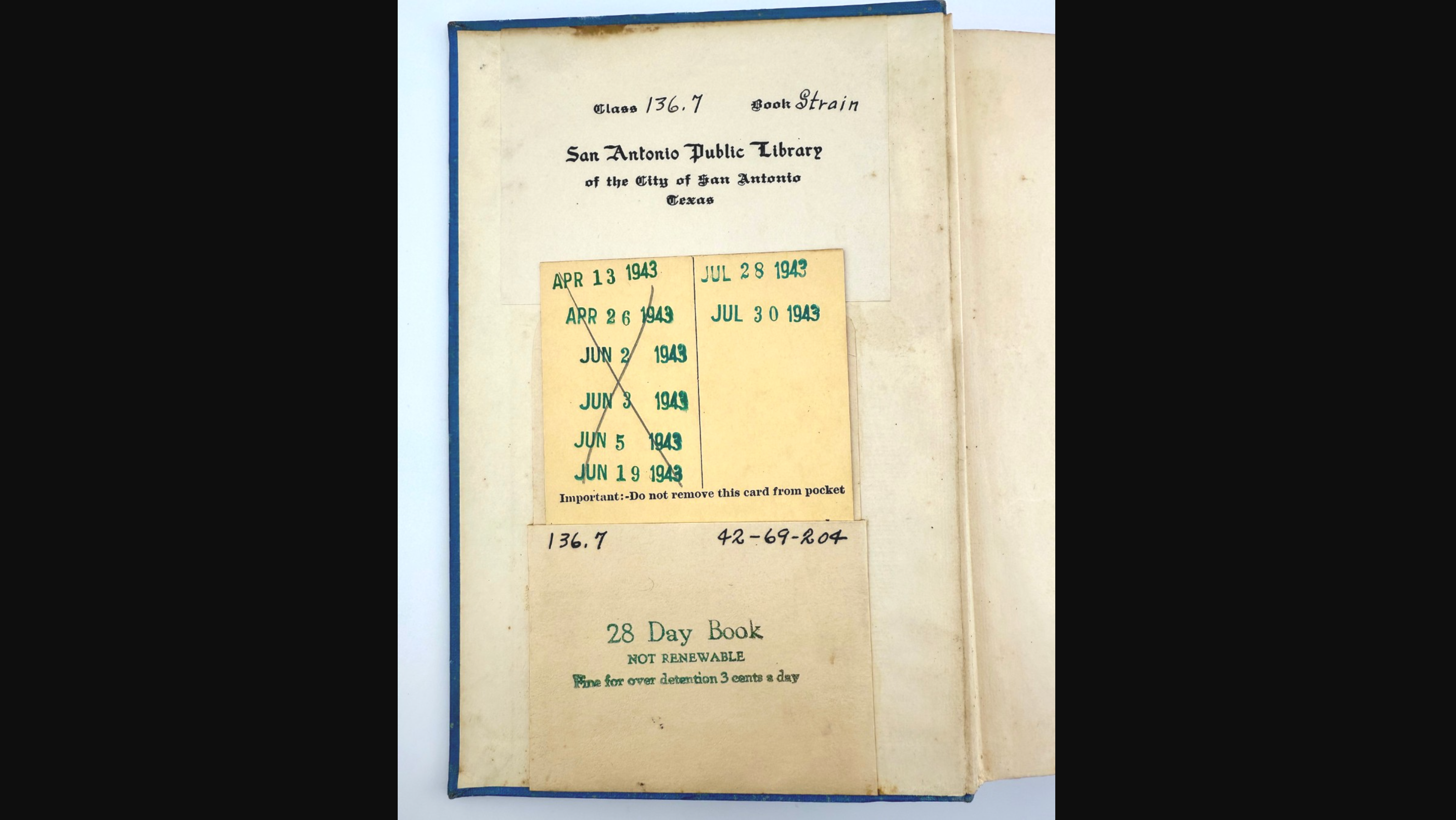 The cover inside a San Antonio Public Library copy of "Your Child, His Family, and Friends" by marriage and family counselor Frances Bruce Strain. The book was returned to the library in 2025, 82 years after its last check-out