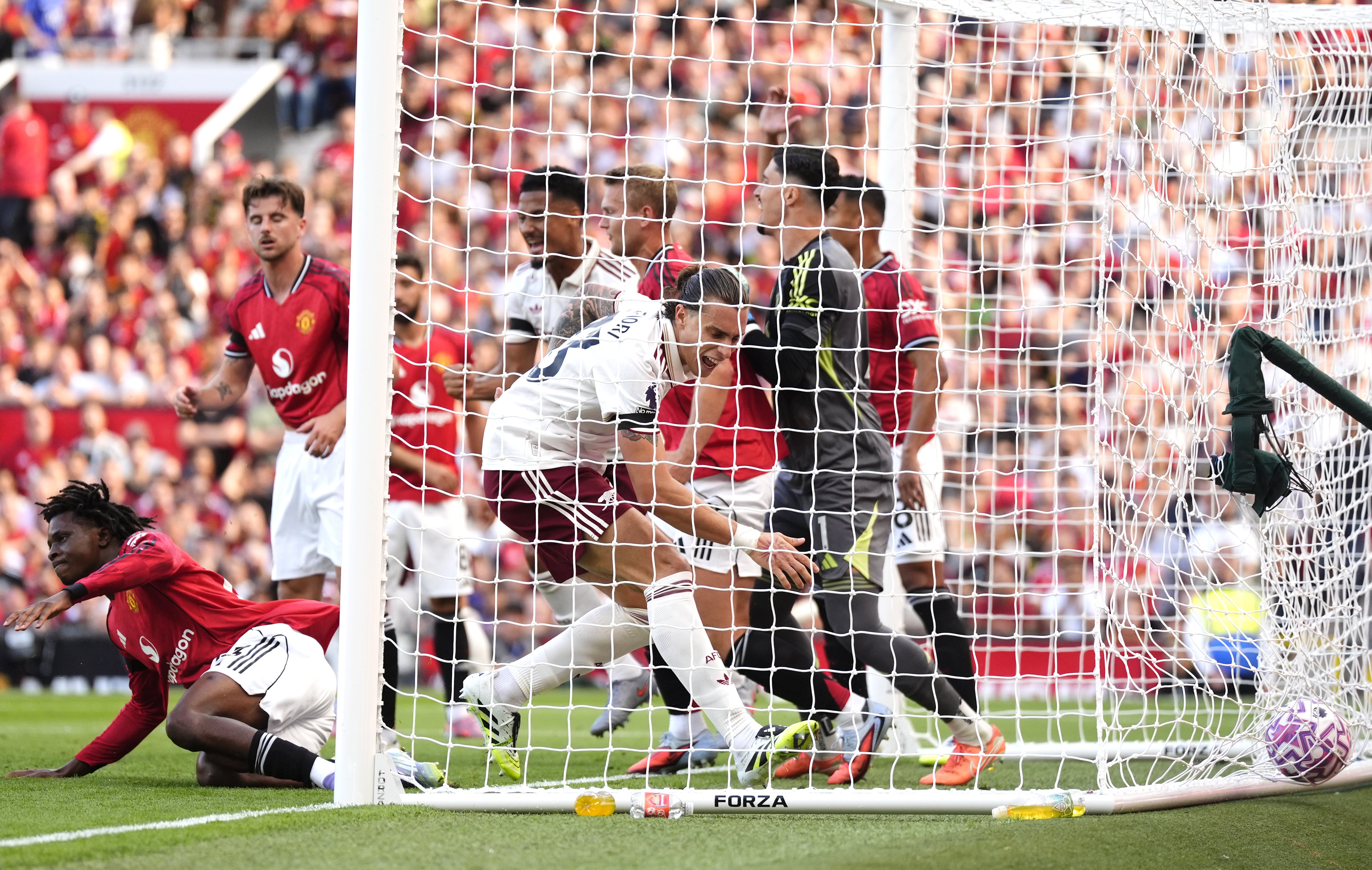 Arsenal’s Riccardo Calafiori (centre) celebrates scoring (Nick Potts/PA)