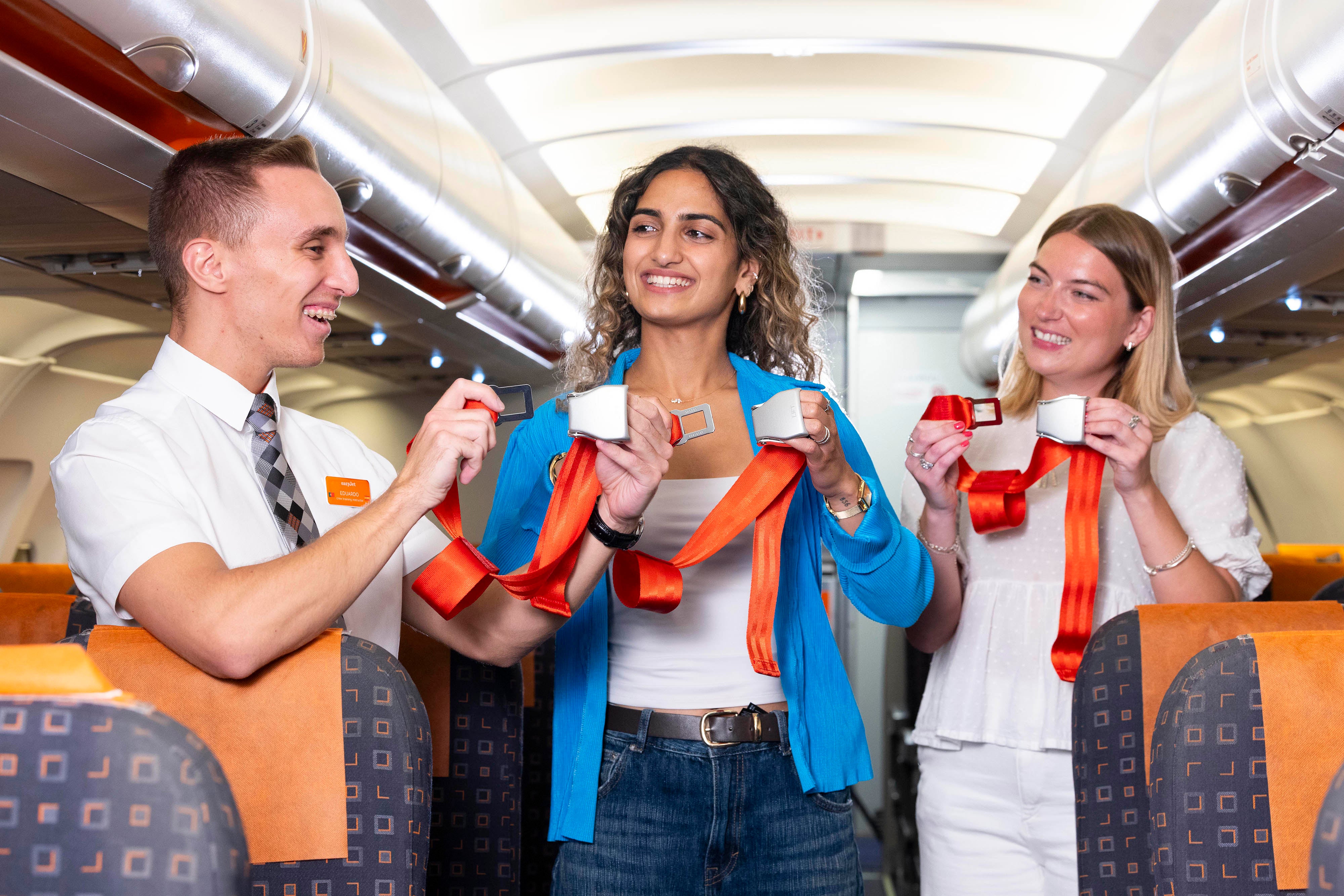 Rea Sachdeva and Millie Lambert take part in easyJet's cabin crew taster session at the airline's London Gatwick Training Centre