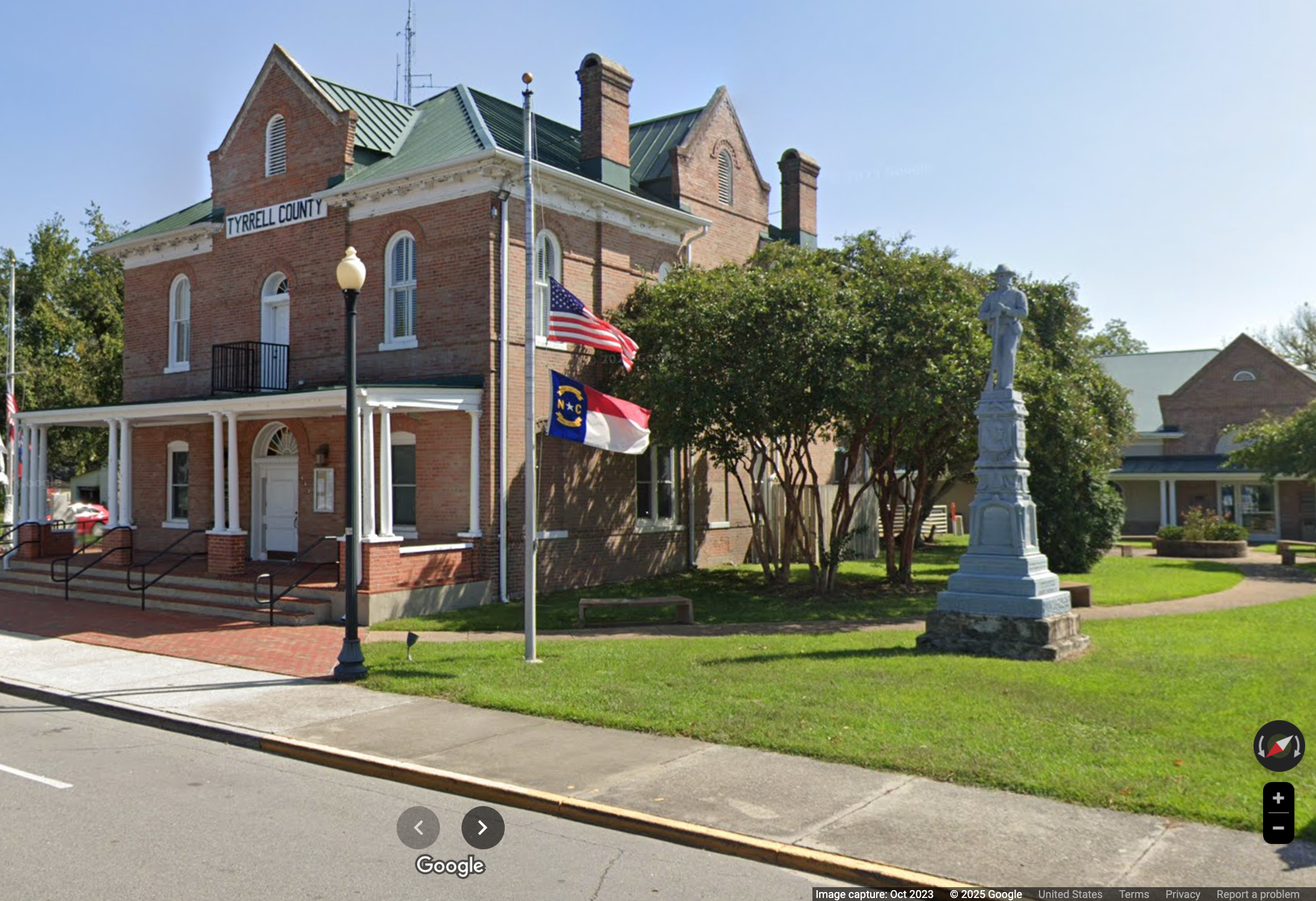 A Confederate statue outside of the Tyrrell County Courthouse in Columbia, North Carolina. A group of local residents launched a federal lawsuit in 2024 asking to have one of the statue's inscriptions — which reads "In Appreciation of Our Faithful Slaves" — removed or covered.