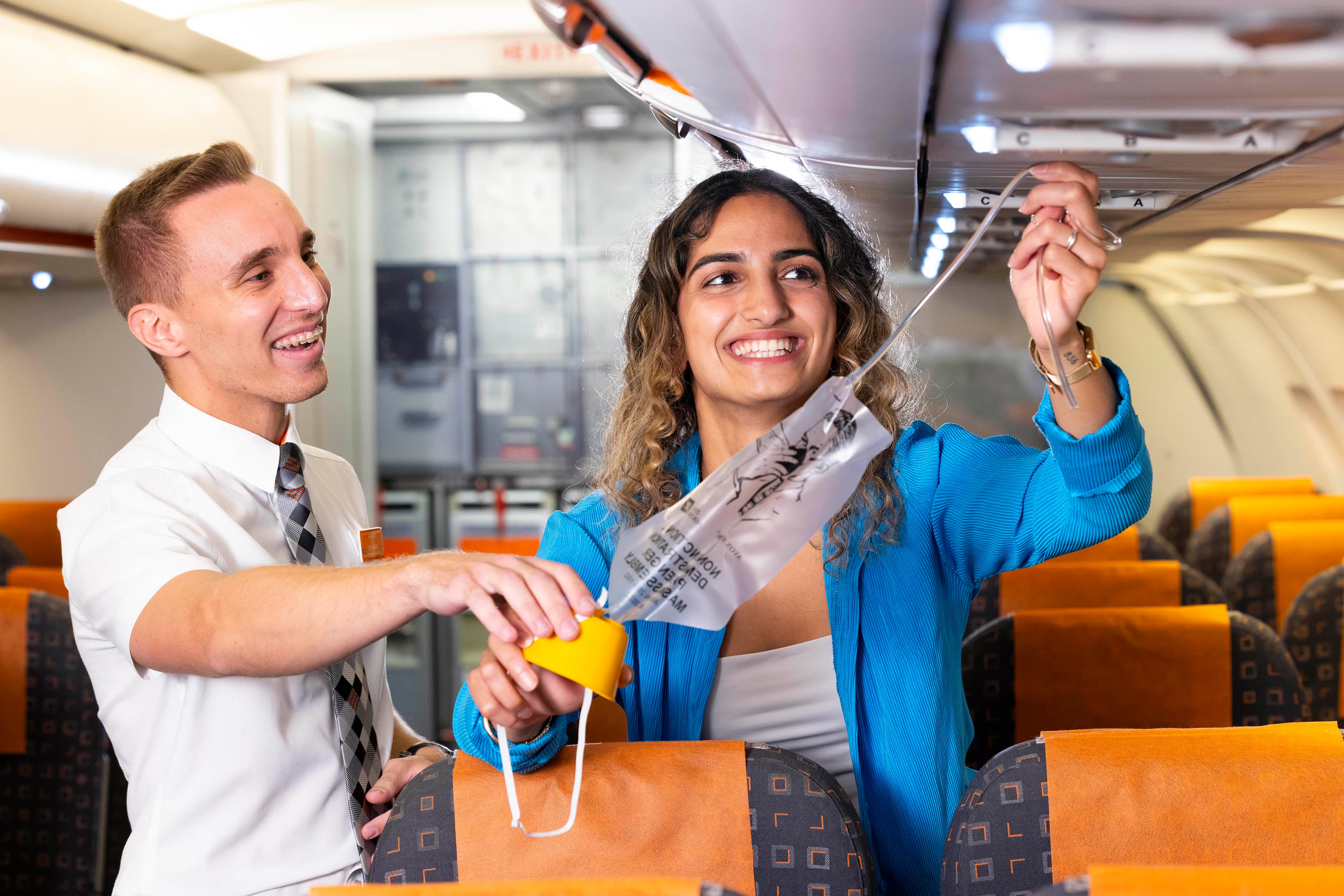 Rea Sachdeva takes part in easyJet's cabin crew taster session at the airline's London Gatwick Training Centre, led by current cabin crew and instructor Kimberley Capel, as part of the airline's new 'Flight Paths' initiative to encourage 18-24-year-olds not in employment, education or training (NEET) to consider a career as cabin crew