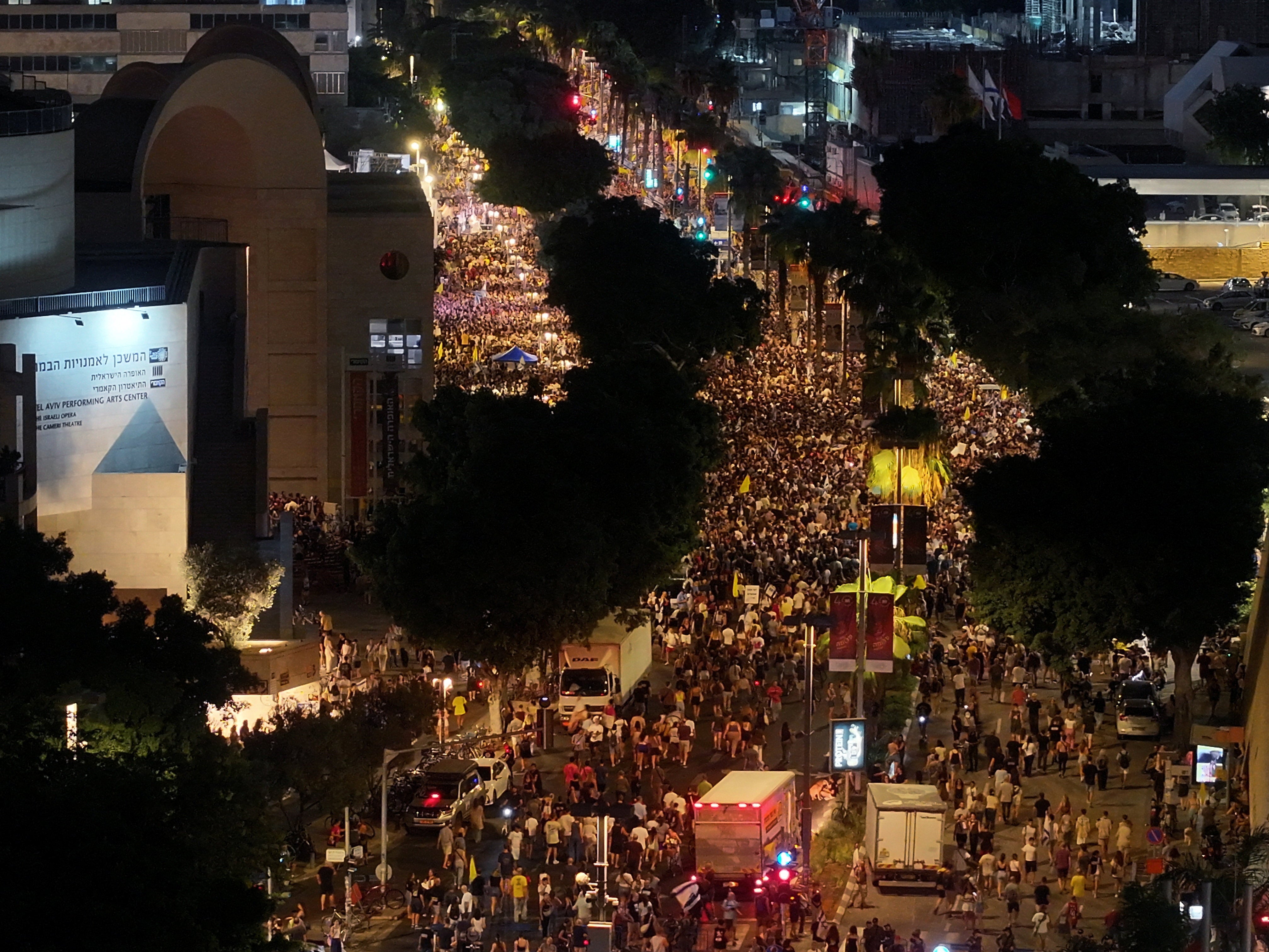 A drone view shows people protesting in Tel Aviv after families of hostages called for a nationwide strike