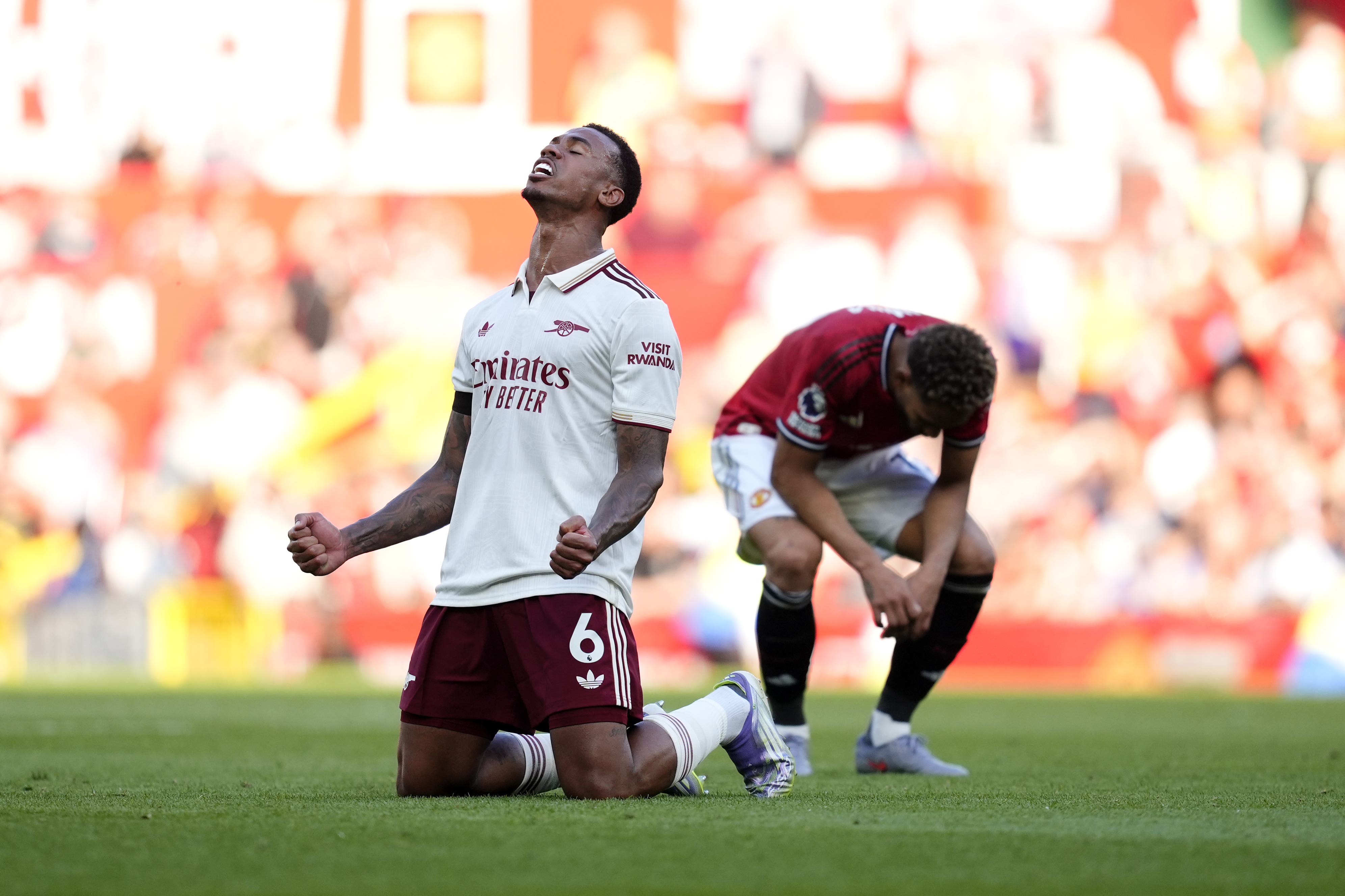 Gabriel celebrates Arsenal’s victory as Matheus Cunha shows his frustration (Nick Potts/PA)