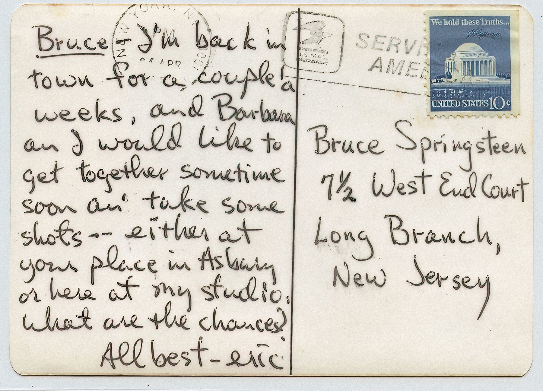 What are the chances? The postcard Eric Meola sent to Springsteen in April 1975