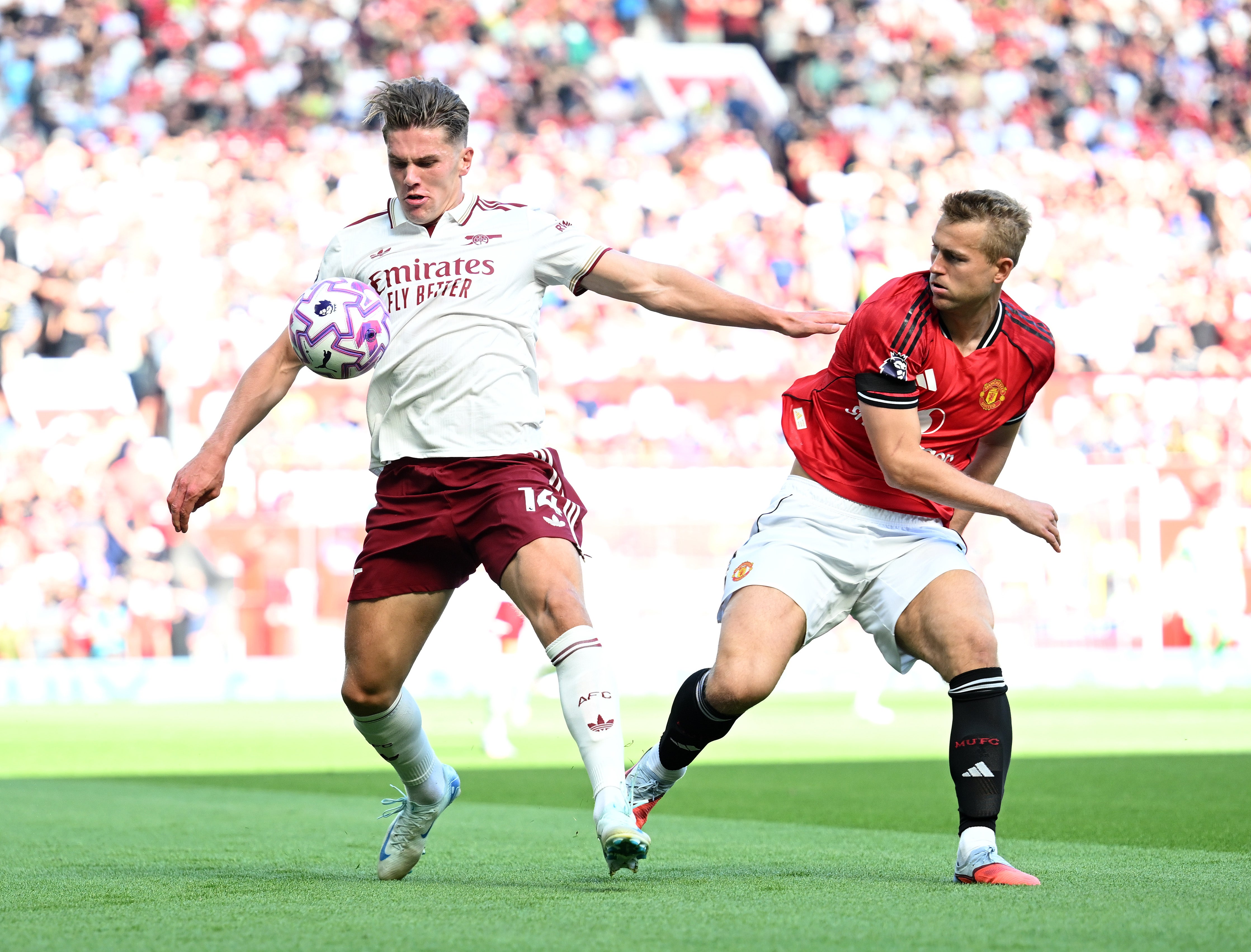 Viktor Gyokeres is closed down by Matthijs de Ligt at Old Trafford