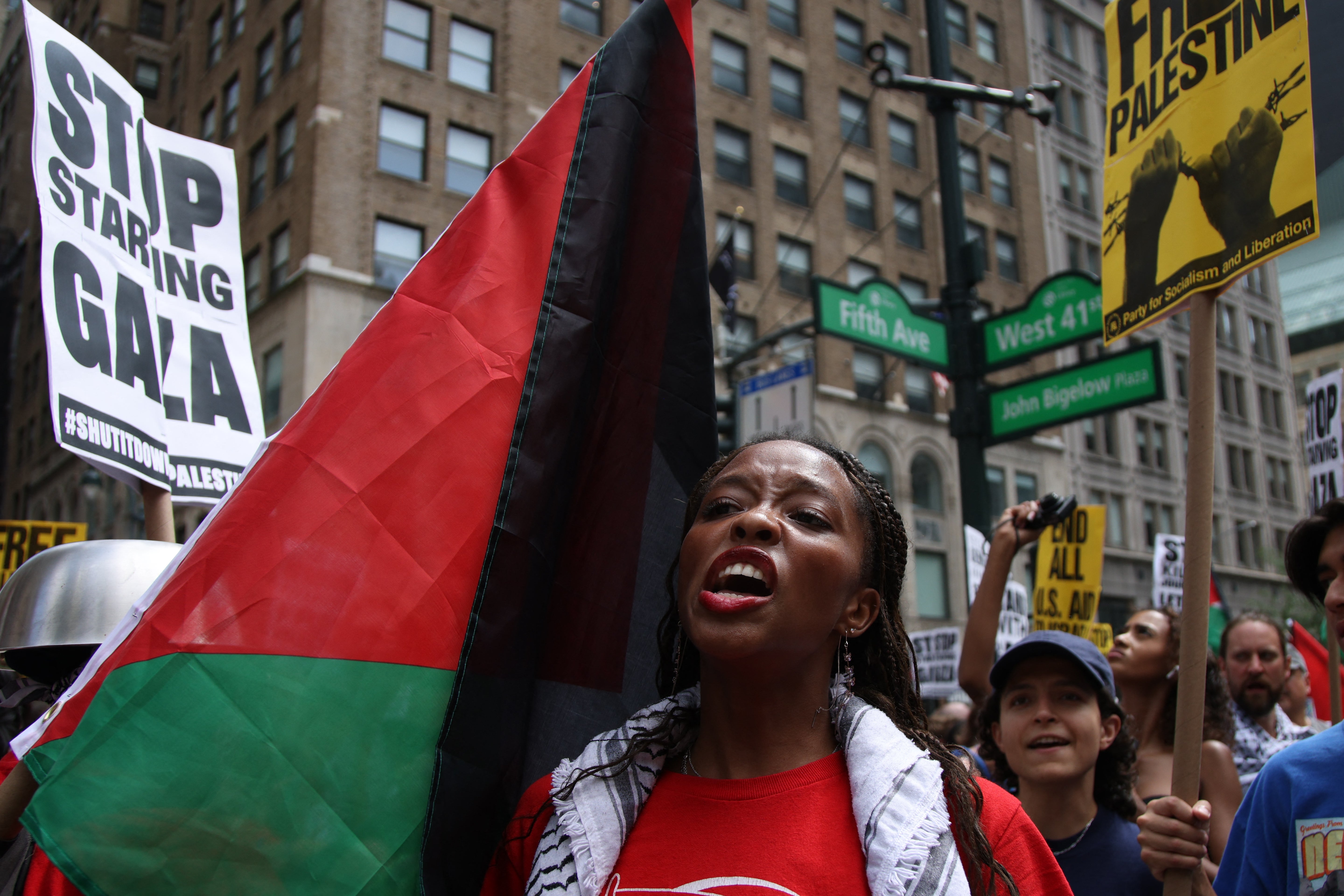 People gather during the 'Stand with Gaza' protest at Bryant Park in New York on 16 August 2025