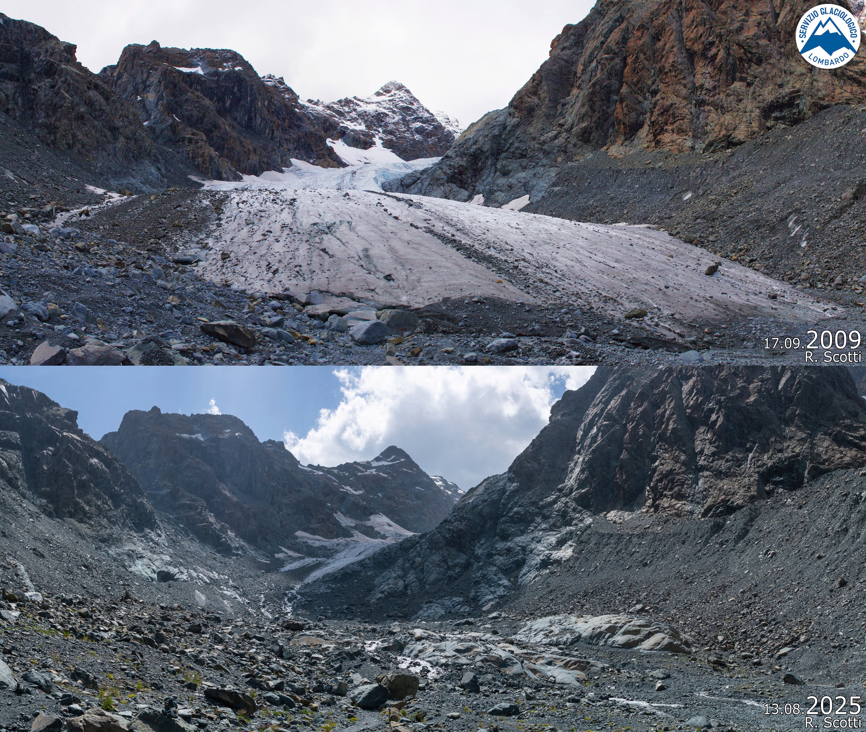 A combo image of an overview of the Ventina glacier, near Sondrio, northern Italy, in 2009, above, and same view on 13 August, 2025.