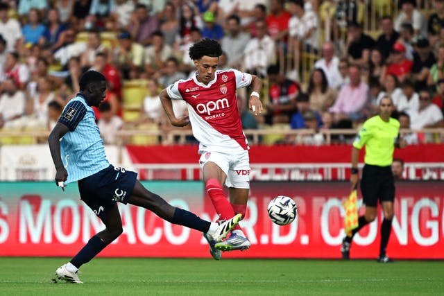 <p>Maghnes Akliouche controls the ball for Monaco against Le Havre</p>
