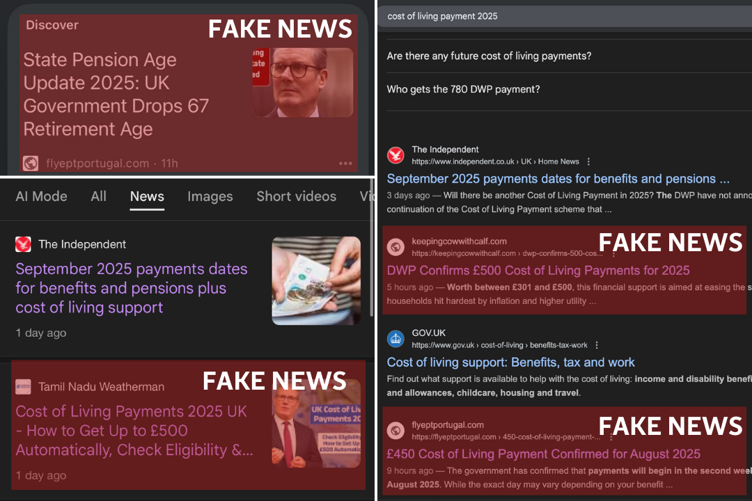 Several websites spreading misinformation about pensions and benefits have been featured across Google services