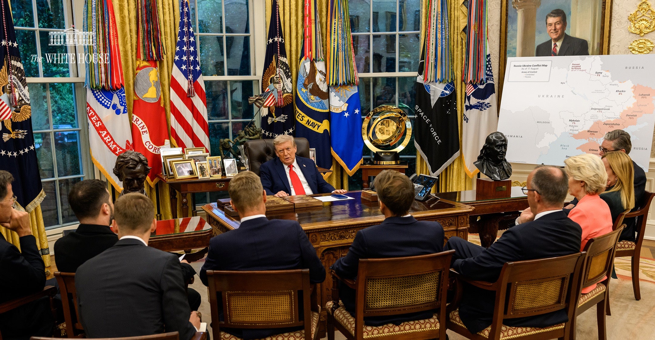 Some on social media noted that the set up, with Trump behind the Resolute Desk and his European counterparts on chairs opposite him, presented the president as hosting a bunch of ‘unruly schoolchildren’