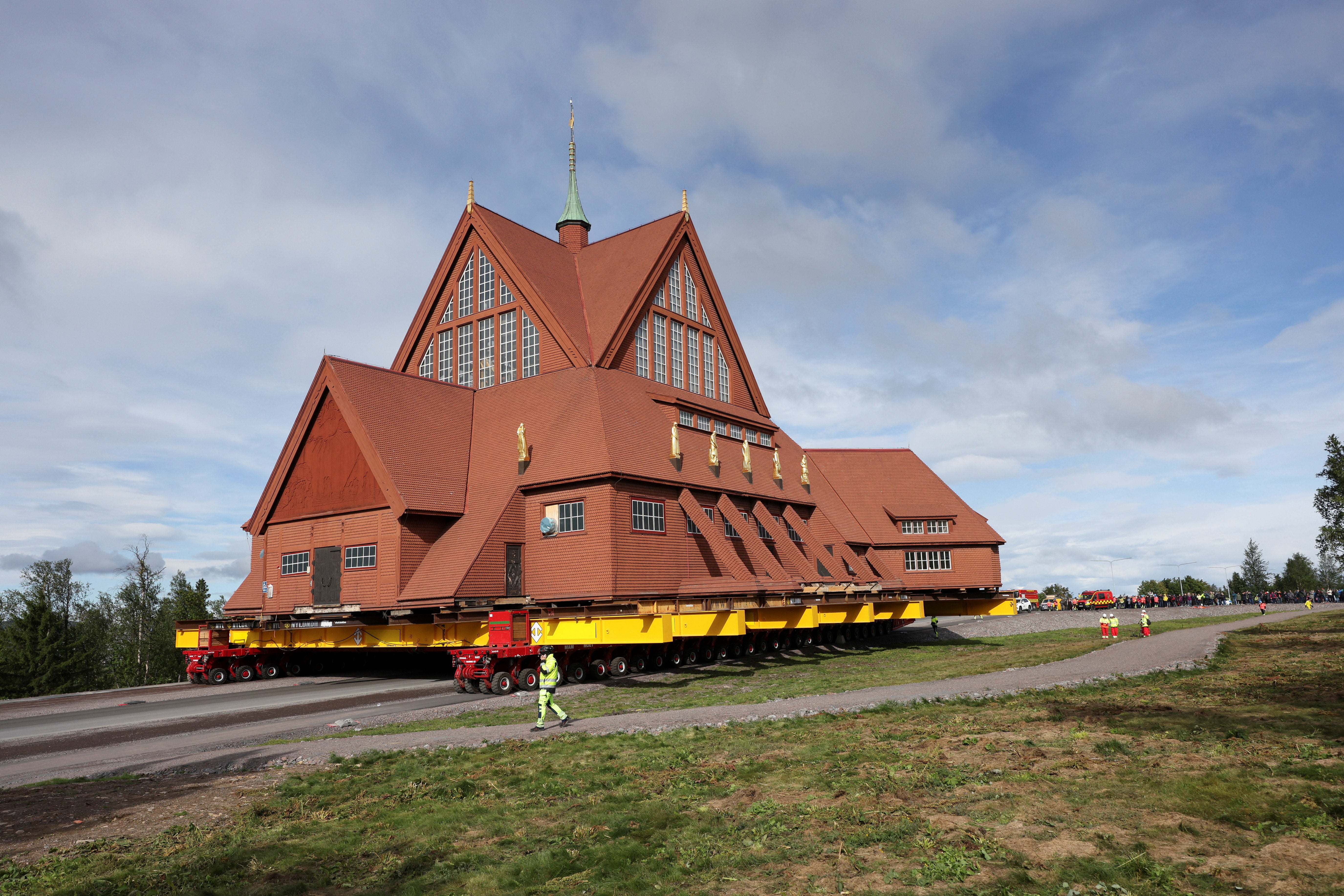 Kiruna’s old wooden church on its way to a new site next to a cemetery
